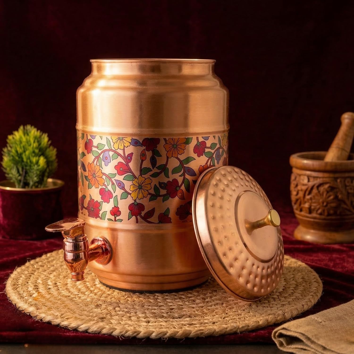 Pure Copper Water Dispenser Tank with Floral Print 5L | Leak-Proof Tap & Hammered Lid | Ayurvedic Health Benefits Artisan Water Storage Pot for Home, Office & Kitchen Decor by Raj Gharana Metals