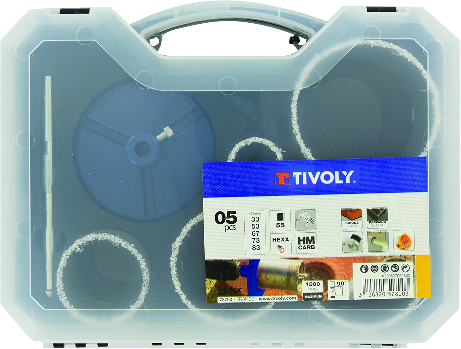 TIVOLY - Masonry Hole Saw Set - 7 Pieces - Carbide Grit - Ø 33-53-67-73-83mm 1 3/8"-2 1/8" - 2 11/16" - 3"- 3 1/4"