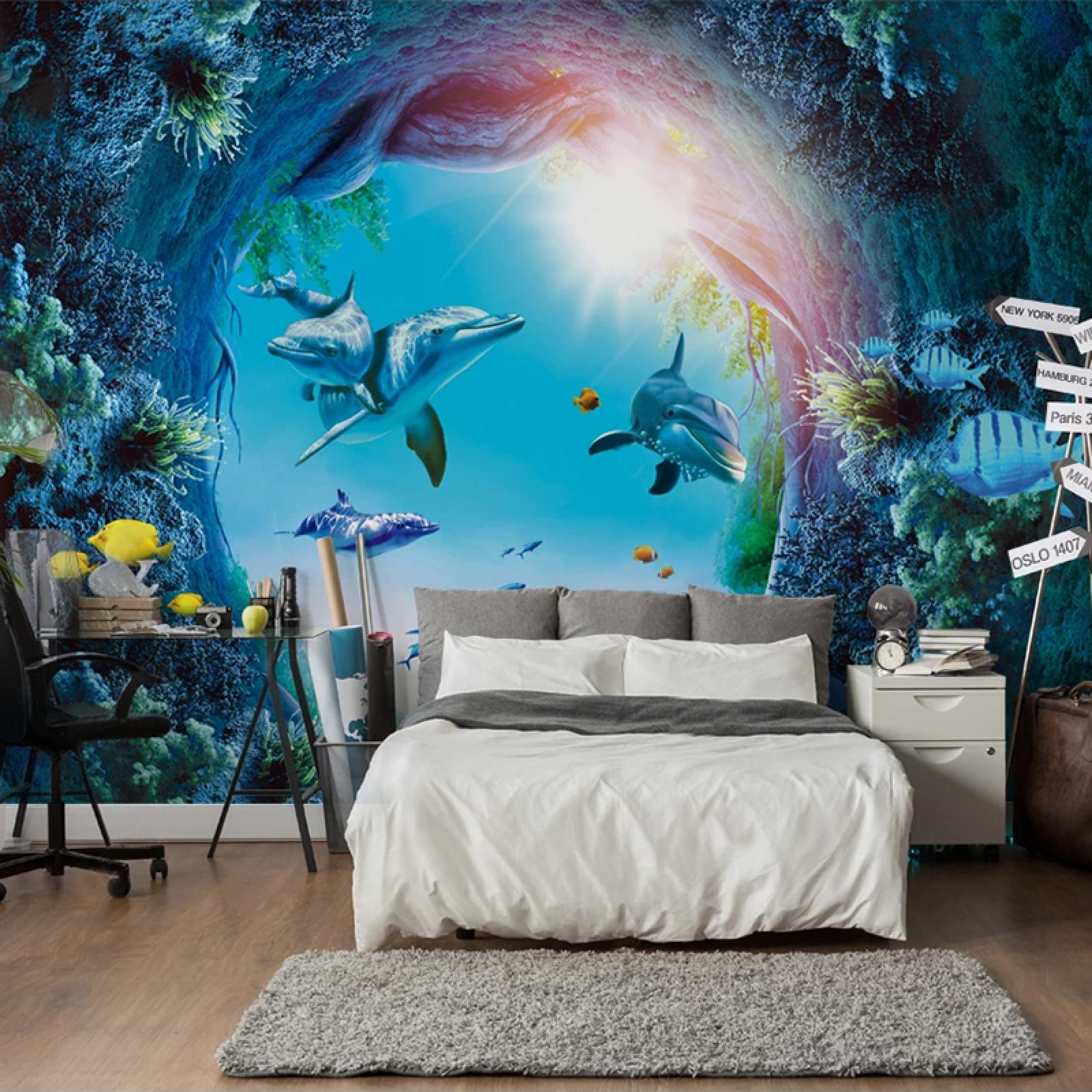 3D dolphins in the underwater world door mural