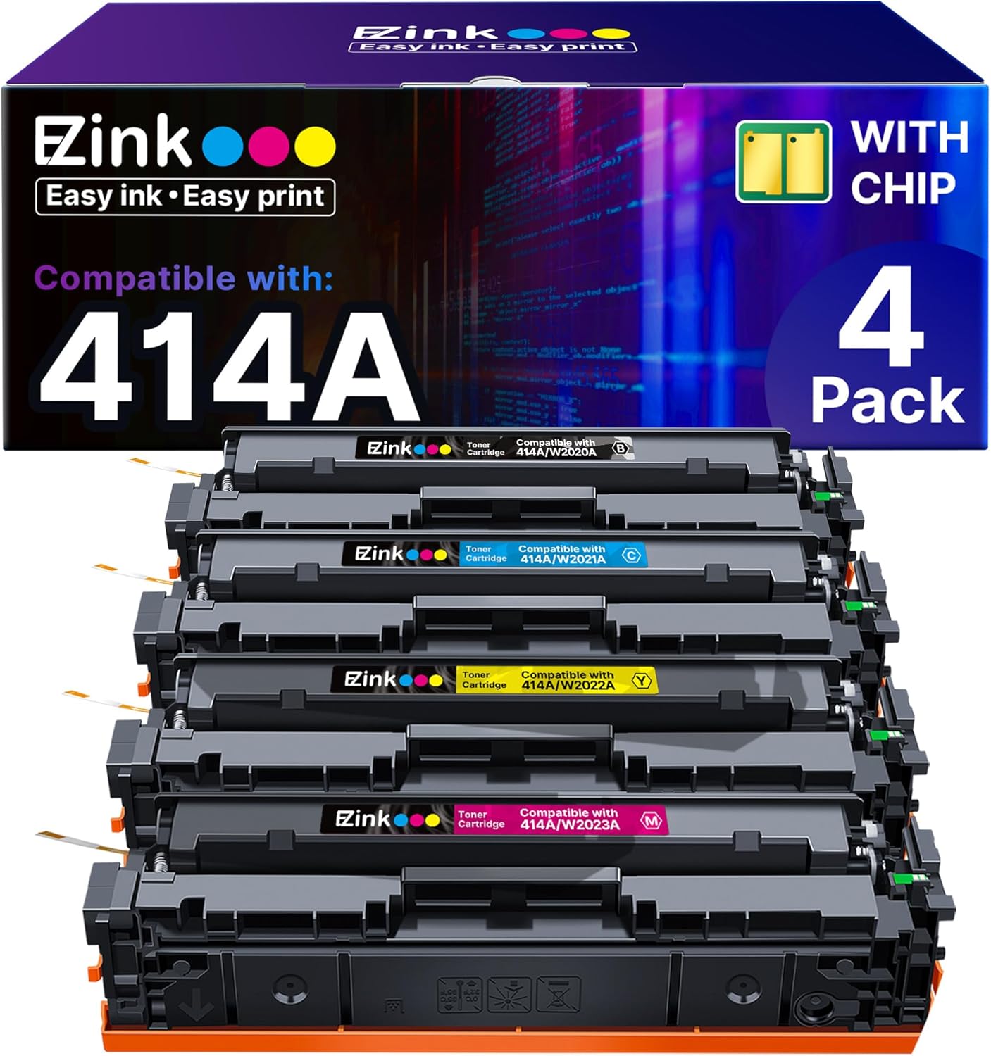 E-Z Ink 414A Toner Cartridges 4 Pack Compatible 414A Toner Cartridges Replacement for HP 414A HP 414X 414A Toner (with Chip) to Use with HP Color Pro M454dw MFP M479 M479fdw M479fdn M479fdw Printer E-Z Ink 414A Toner Cartridges 4 Pack Compatible 414A Toner Cartridges Replacement for HP 414A HP 414X 414A Toner (with Chip) to Use with HP Color Pro M454dw MFP M479 M479fdw M479fdn M479fdw Printer