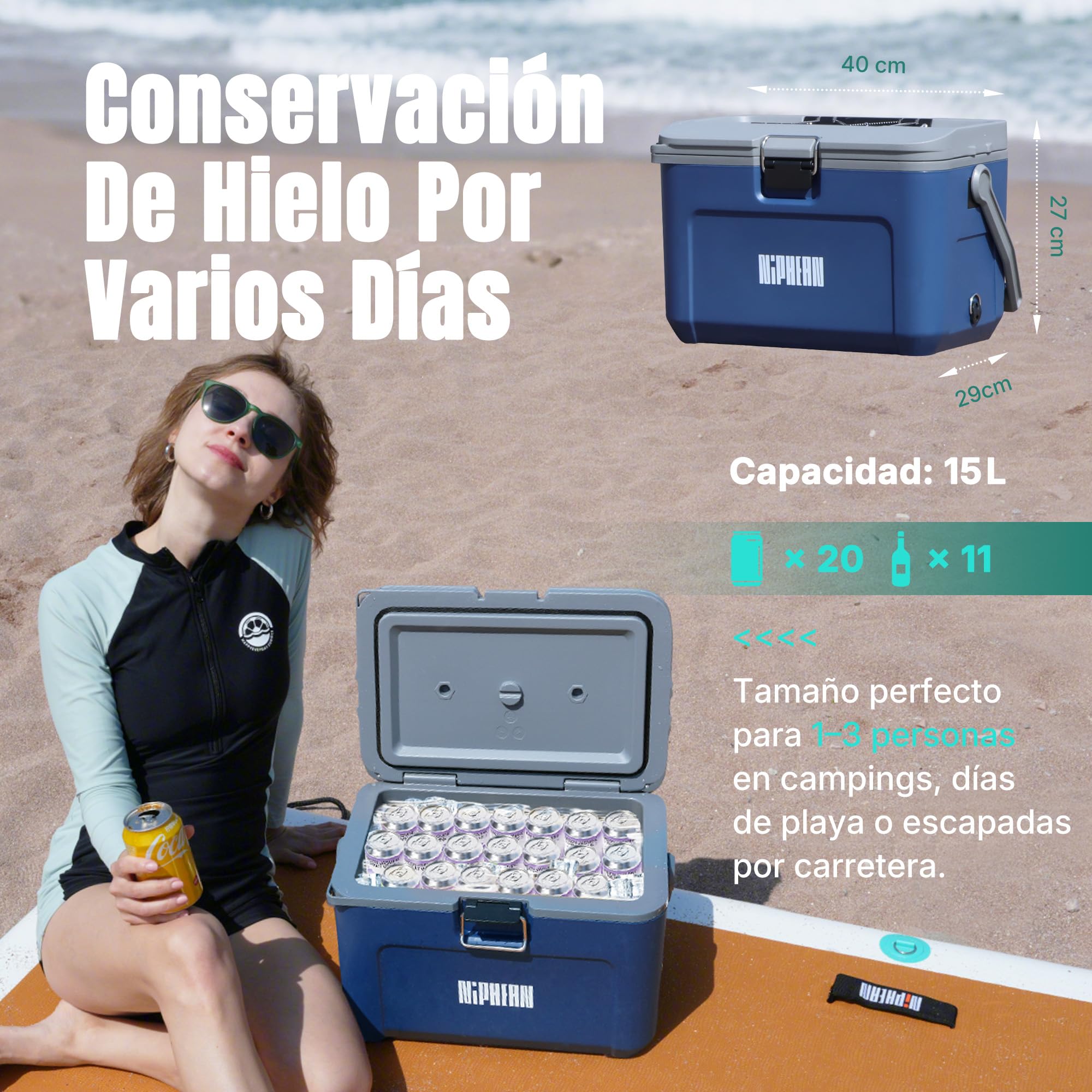 Niphean Caja térmica de tabla de remo aislada de 4 capas, 60 horas de retención de hielo, asiento convertible en tabla de remo con anillo en D, enfriador rígido de kayak de 15 litros para camping