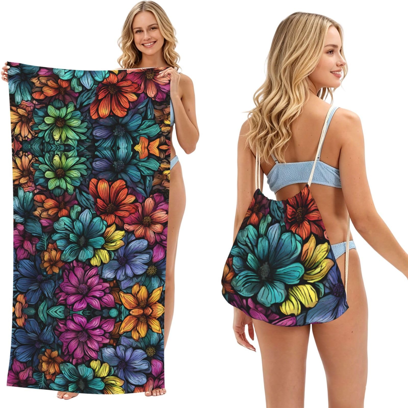 EZDLOWVBA Rainbow Butterfly Print Beach Towel Backpack 2 In 1 Summer Large Lightweight Beach Towel - Multifunctional Ship Pattern Towel Bag For Storage,Sport