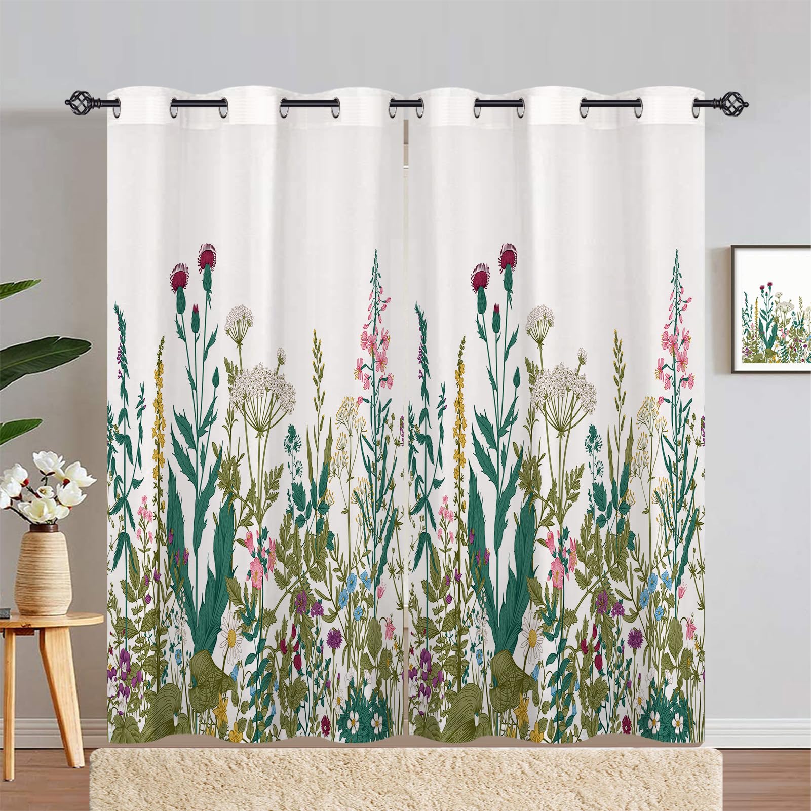 ANHOPE Flower Curtains Eyelet Thermal Insulated Blackout Curtains Green Leaf Rustic Floral Print Pattern Ring Top Drapes for Kids Girls Bedroom Living Room 46 x 72 Inch Drop 2 Panels — image 1
