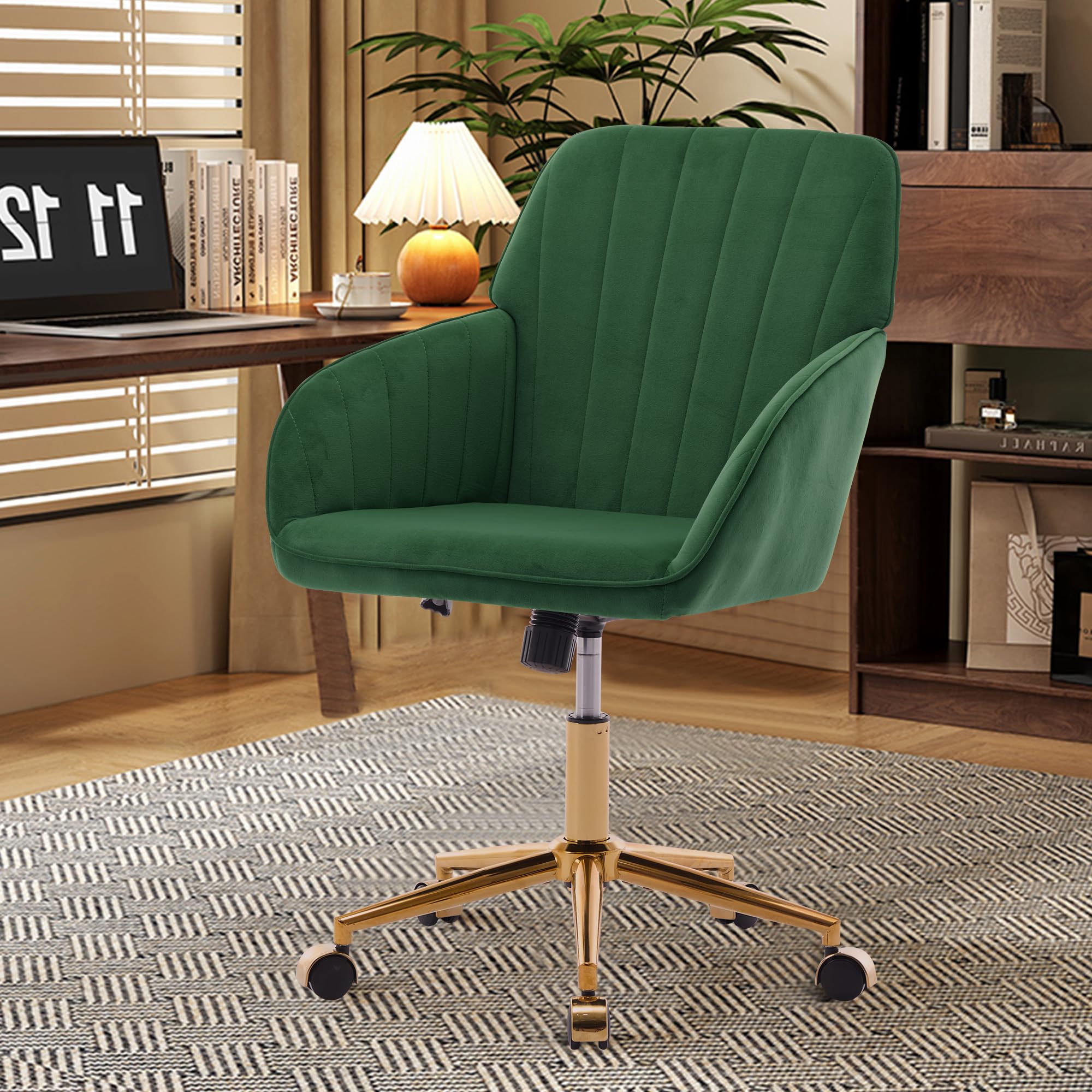 Anwickhomk Green Home Office Desk Chair, Vanity Modern Velvet Adjustable Low Back Rolling Chair, Twill Upholstered Cute Office Chair, Desk Chairs with