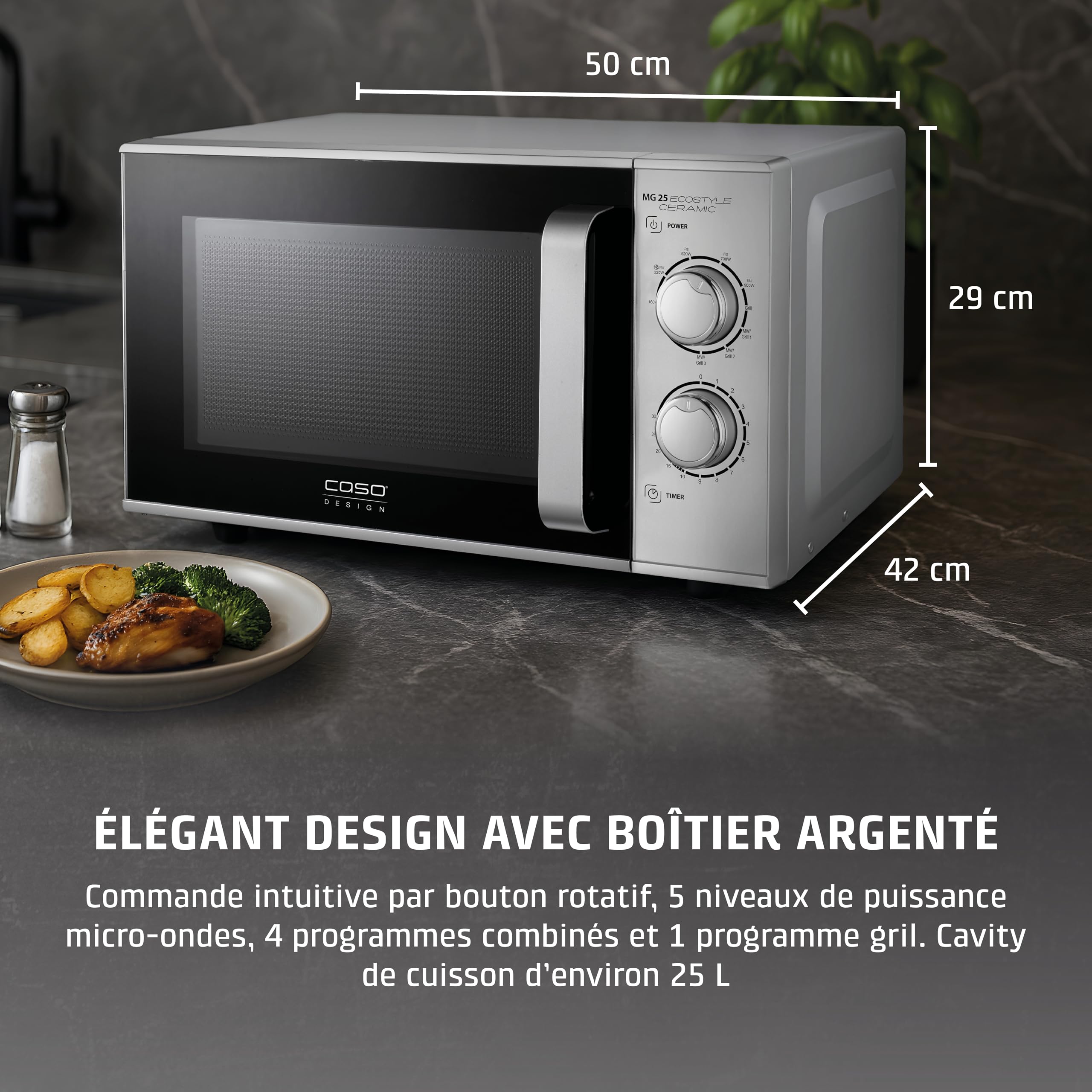 CASO MG 25 Ecostyle Ceramic - Micro-ondes 2-en-1 sans plateau tournant avec gril 1000 W, capacité 25 L, minuterie jusqu’à 30 min, grand format, coloris argent