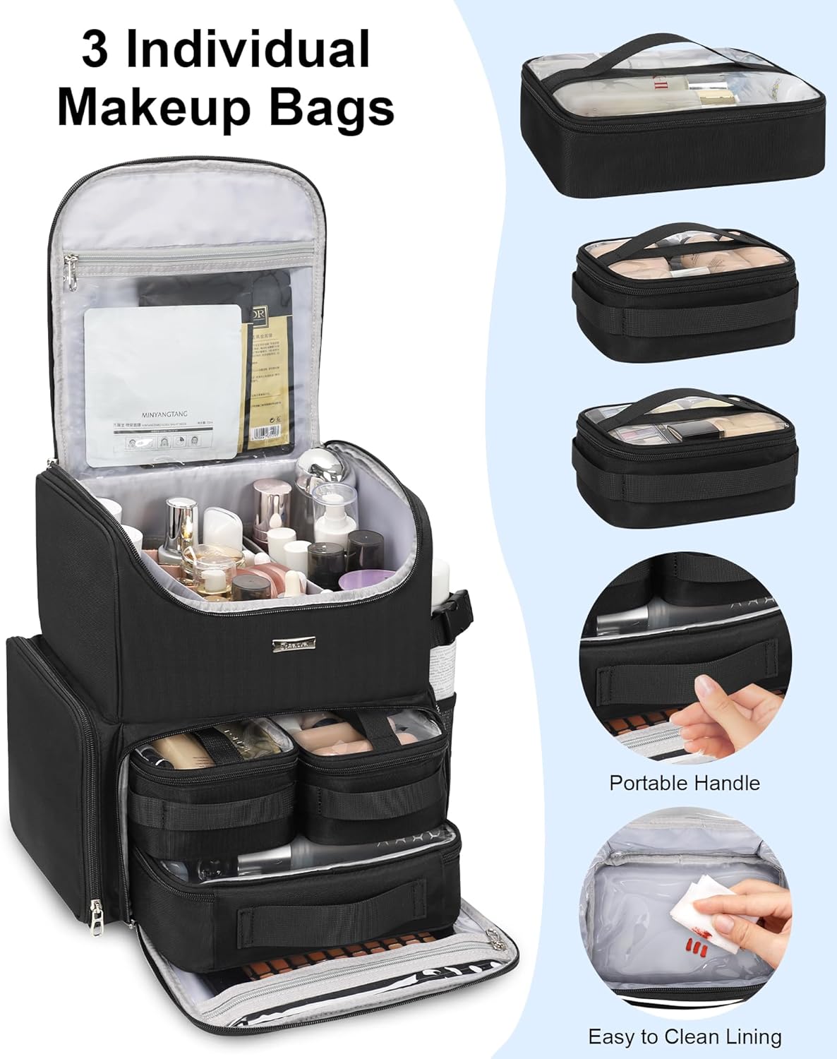 Relavel Makeup Backpack Large Makeup Bag with 3 Clear Set Bags, Dual Layer Professional Cosmetic Organizer Travel Train Case Makeup Artist Kit with Adjustable Dividers & Easy to Clean Lining, Black - Image 3