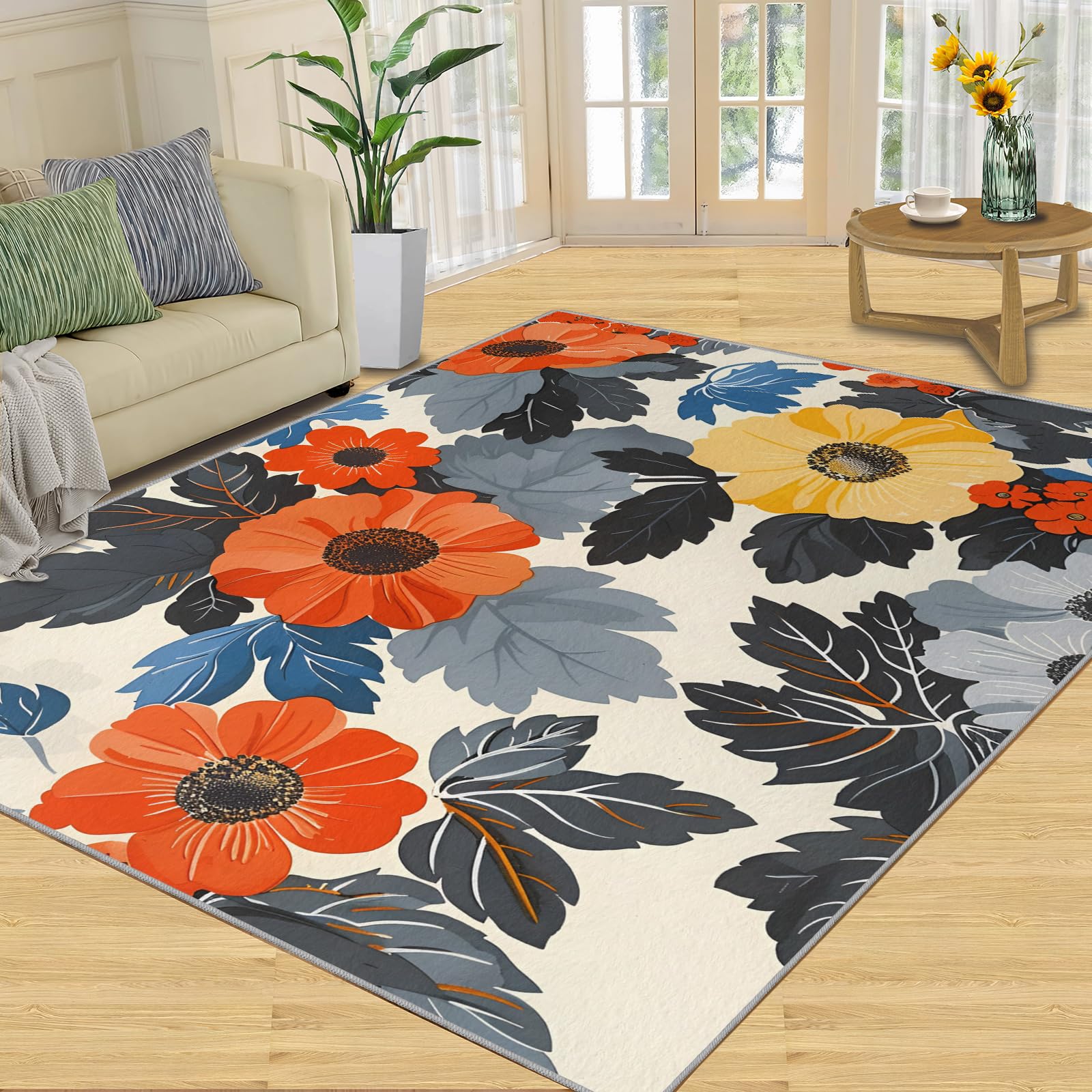 3x4 Retro Floral Rugs for Entryway - Mid-Century Colourful Kids Bedroom Rug, Rustic Floral Mudroom Rug Soft for Coffee Shop Living Room Game Room