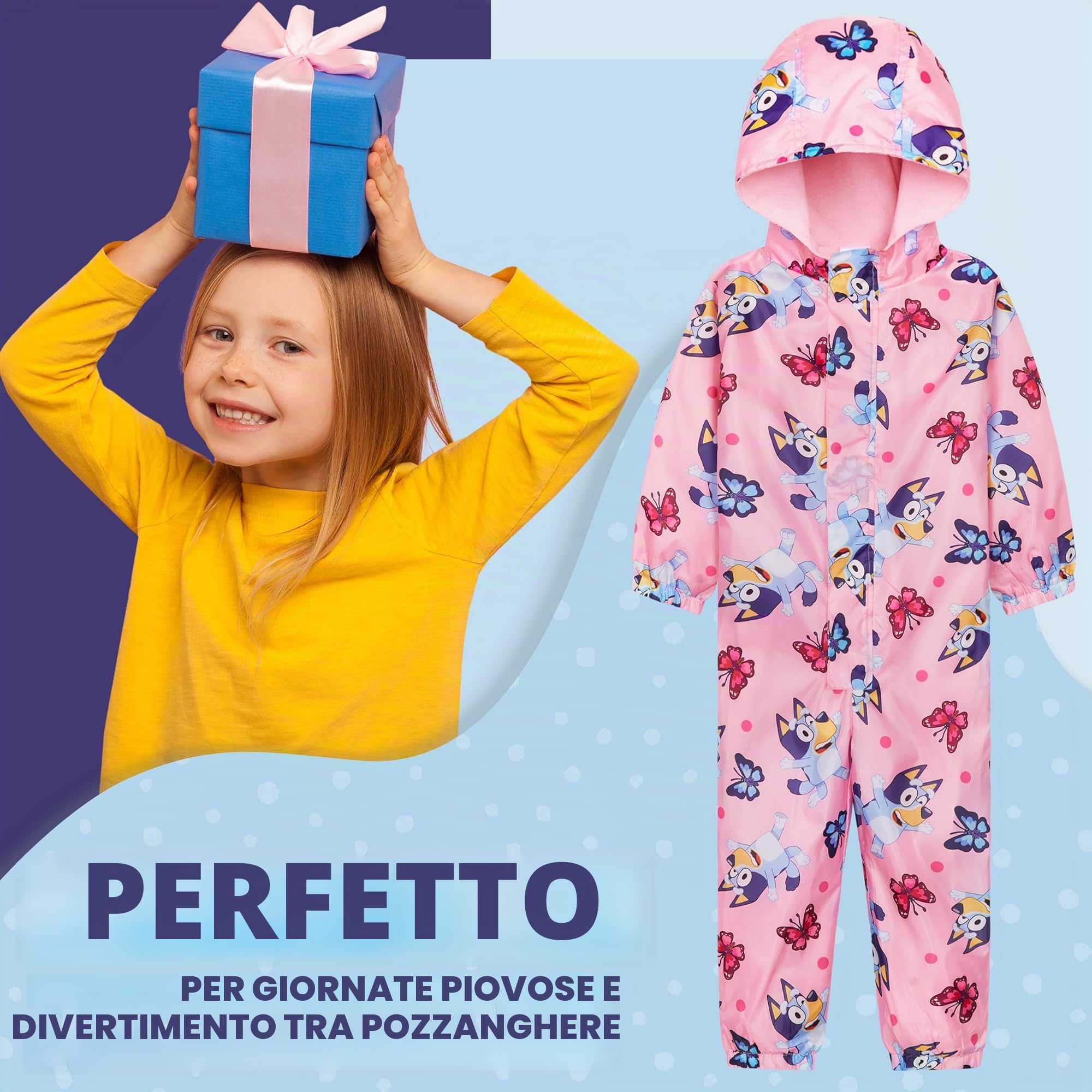BlueY Tuta Pioggia Bambina, Tutto in Uno Tuta Impermeabile Bambini con Cappuccio Tuta Foderato in Pile per Giochi Viaggi