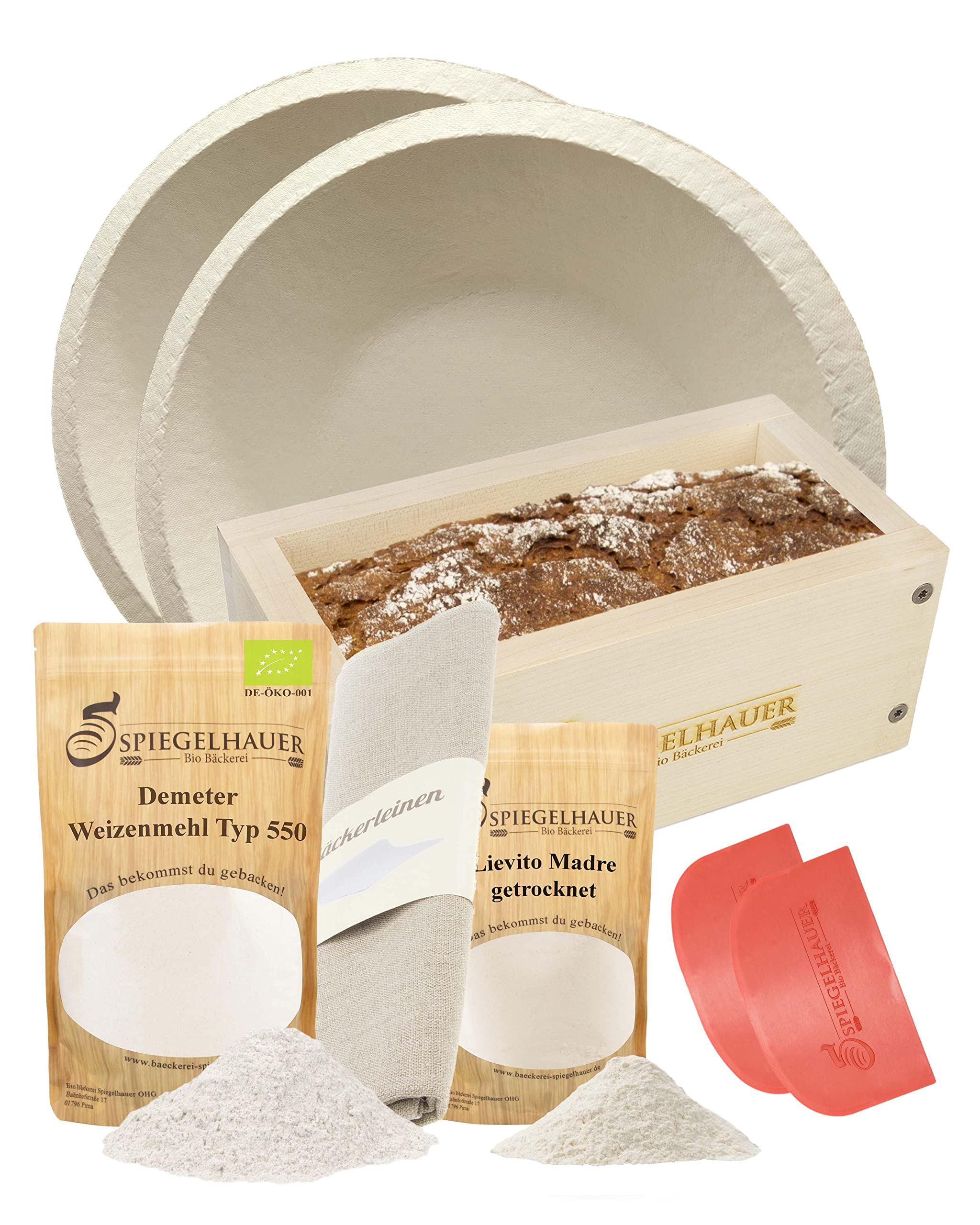 Bäckerei Spiegelhauer Sauerteig Starter Set Getrockneter Bio Lievito Madre 200 g, Demeter Weizenmehl Typ 550 1 kg, 2 Teigschaber, Backrahmen aus Ahornholz, Bäckerleinen, 2 Gärkörbchen rund