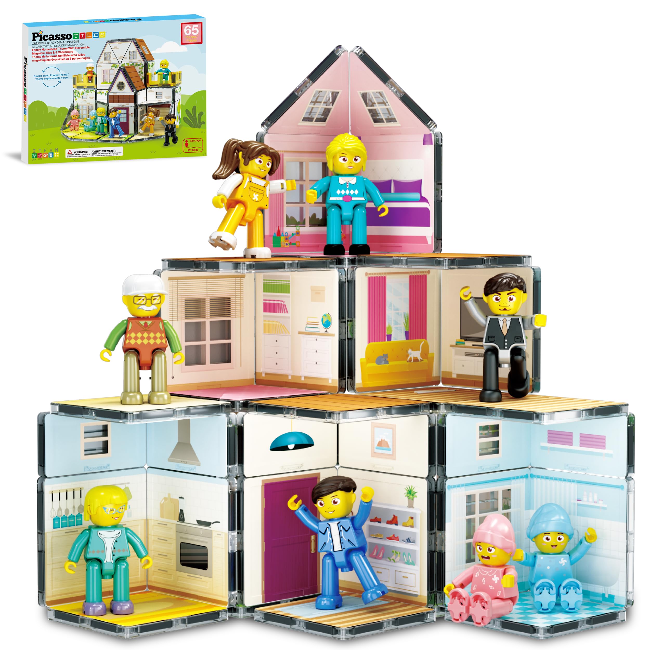 PicassoTiles Magnet Tile Building Block Family Homestead Doll House Theme Playset 8 Character Action Figures Double Sided Magnetic Tiles Printing STEM