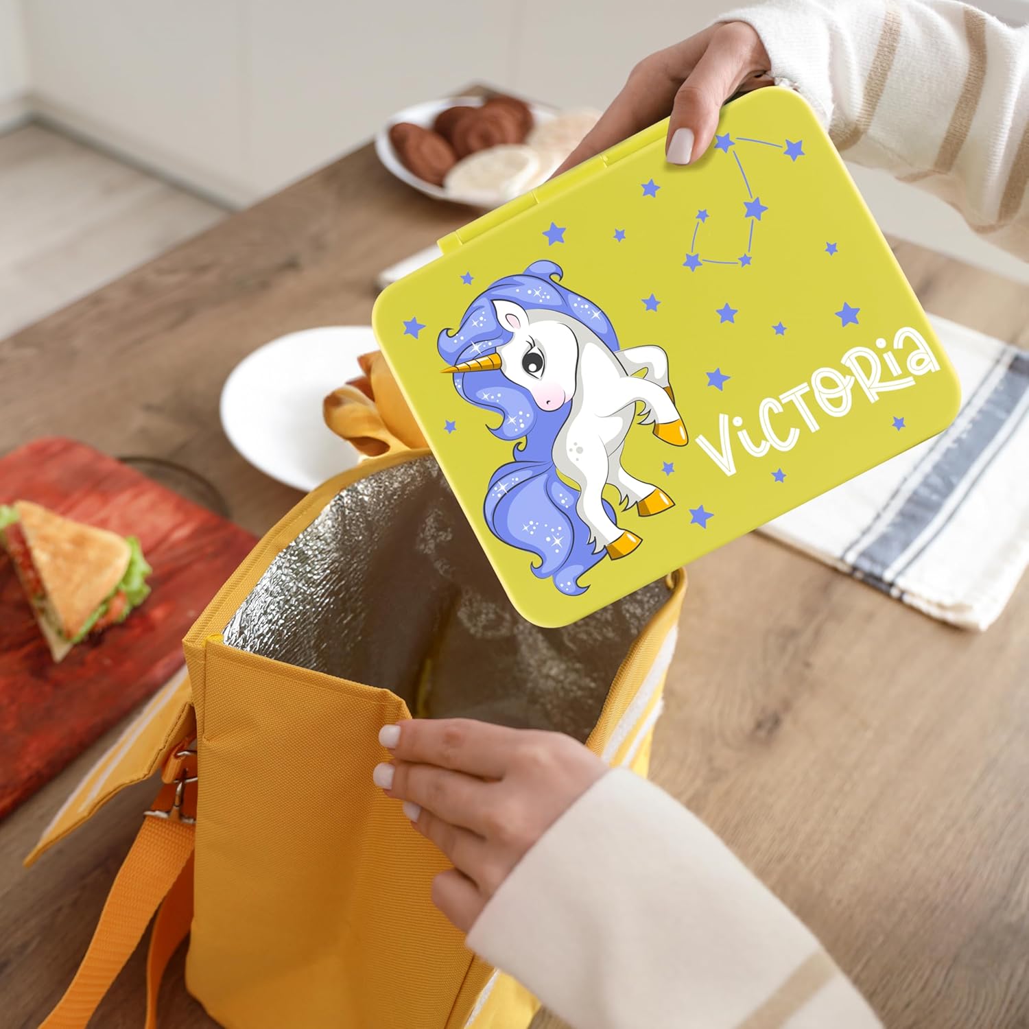 Personalized Bento Box for Kids with Unicorn Theme and Name, 5 Compartments Drop-Proof Bento Box, Dishwasher Safe, Made with BPA-Free Materials, Bento Lunch Box for Kids and Toddlers