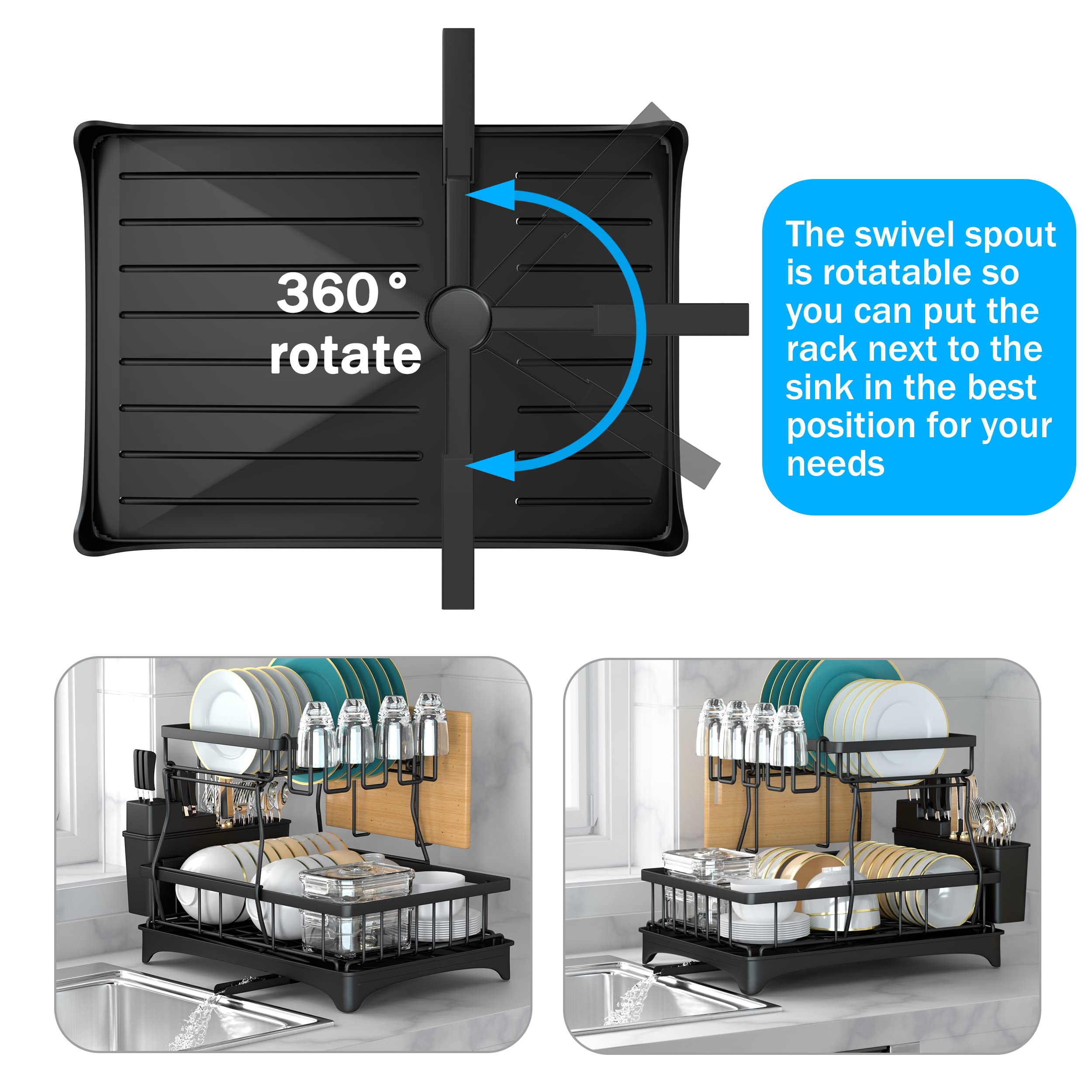 TidyIsles Escurreplatos – Escurridor de platos de 2 niveles que ahorra espacio con soporte para utensilios, escurridor de platos para encimera de cocina, escurridor de fregadero con estante para tabla