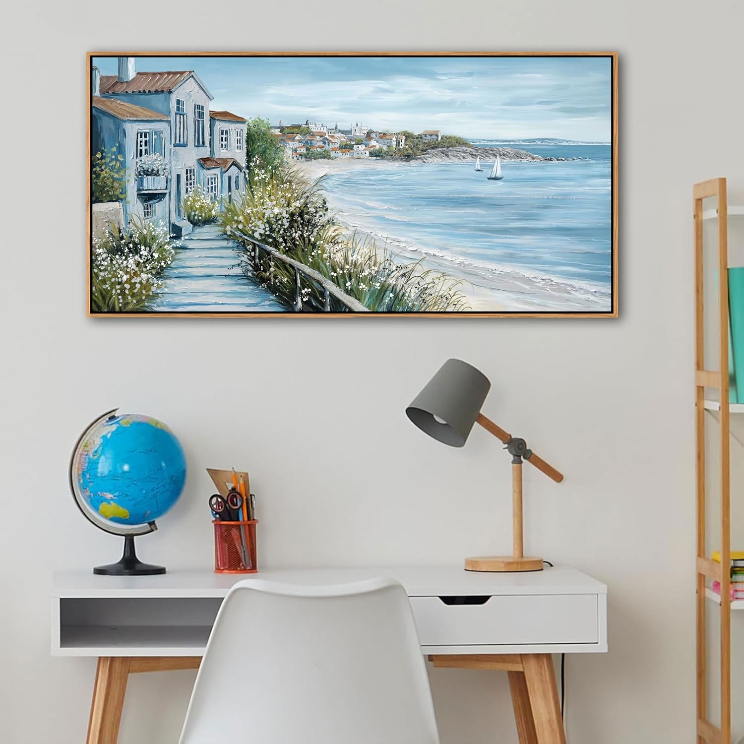 KLAKLA Coastal Decor Nautical Boat on Beach Canvas Picture Ocean Seagull Seascape Canvas Print Farmhouse Artwork for Seashore Bedroom Living Room Large Square Blue Teal 20x40 Inches - Image 4