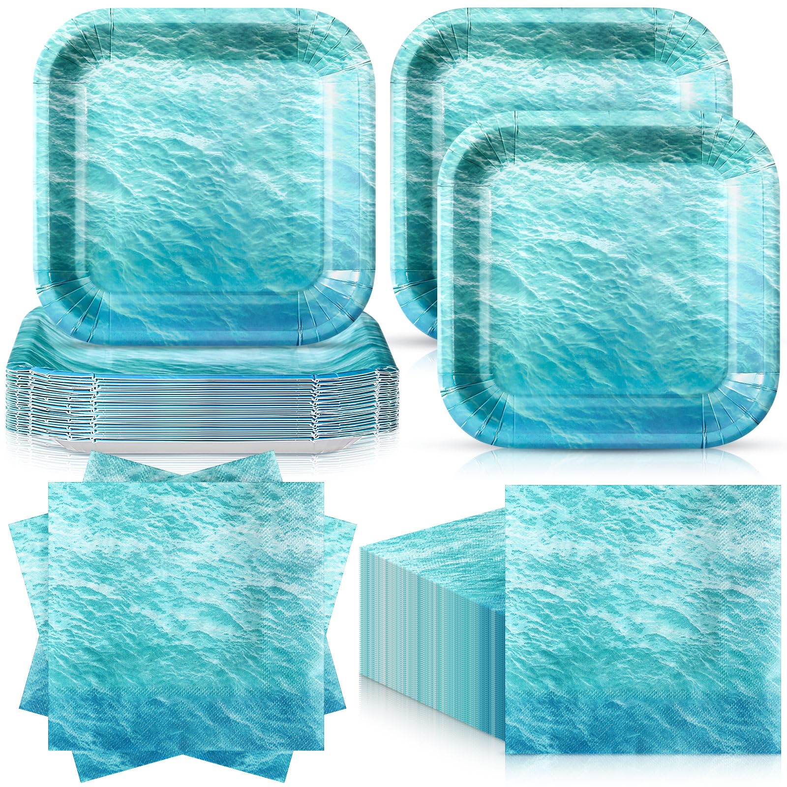 Zhehao 72 Pcs Teal Party Plates and Napkin Ocean Party Supplies Set Serve 36, 7 Square Paper Dessert Plates and Ocean Waves Napkins Teal Under The Sea