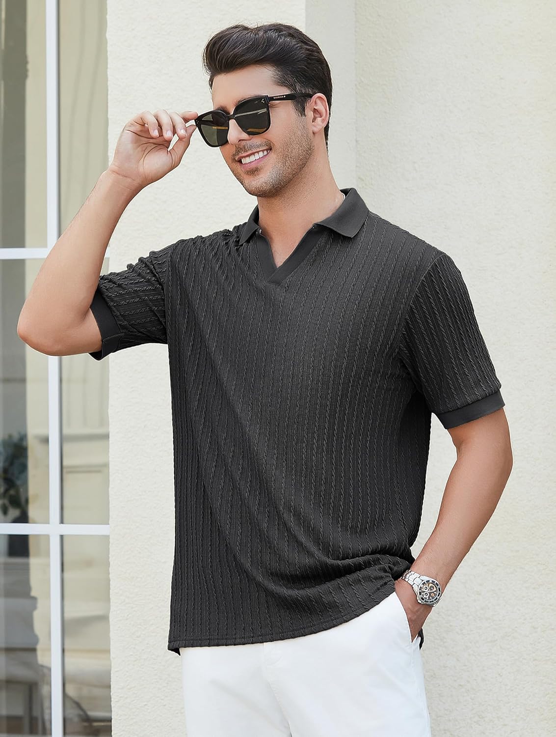 Esabel.C Mens Polo Shirts Short Sleeve Striped Casual Fashion Knit Golf Shirt Regular Fit - Image 2