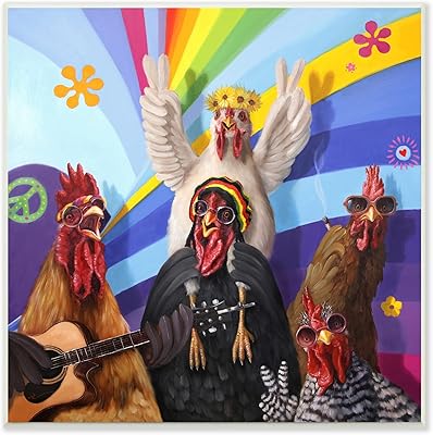 Stupell Industries Hippy Chicken Birds Singing Guitar Instrument Smoking Rainbows, Design by Lucia Heffernan