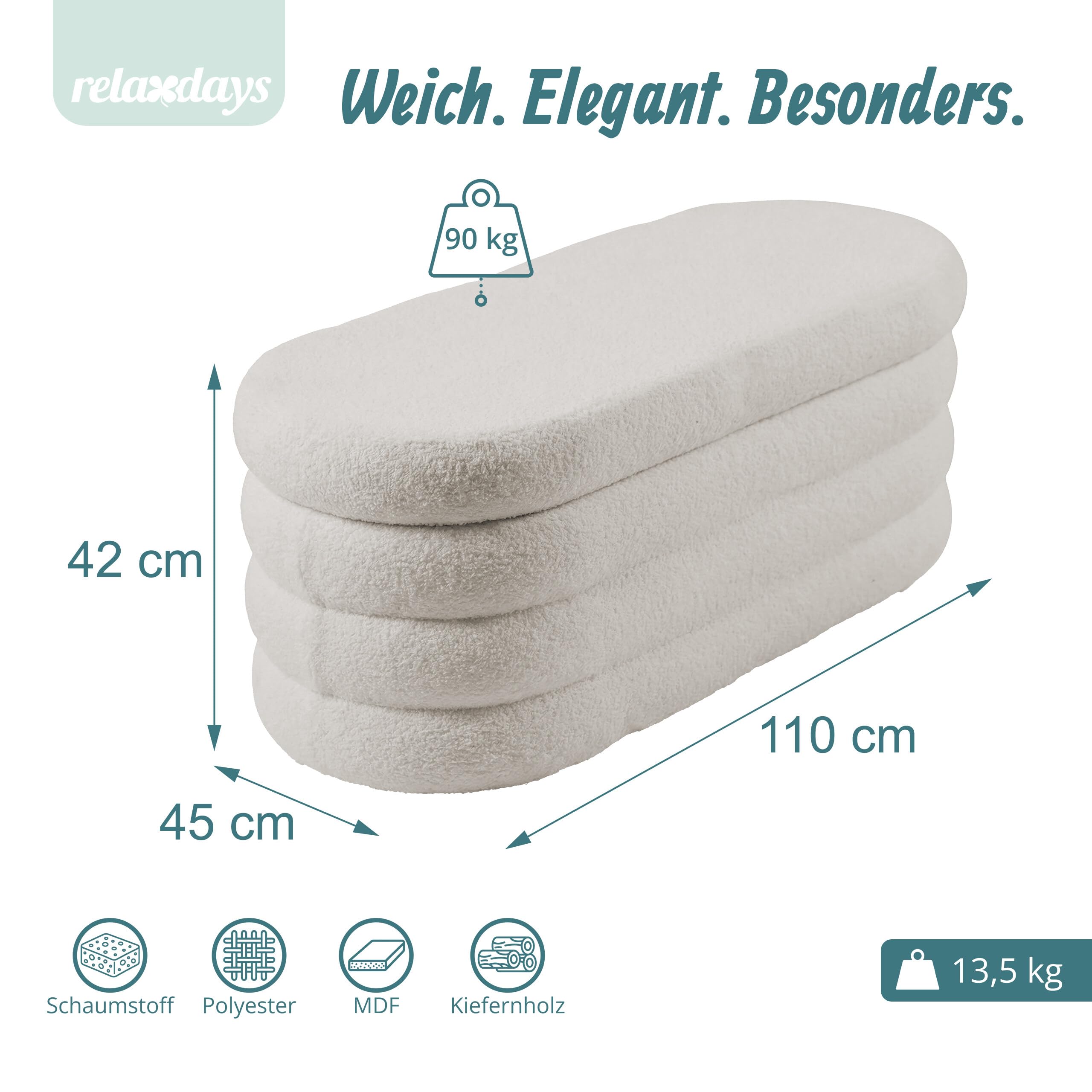 Relaxdays Sitzbank, Teddystoff, Stauraum, gepolstert, Flur, Schlafzimmer, HBT: 42 x 110 x 45 cm, Bouclé Sitztruhe, Creme