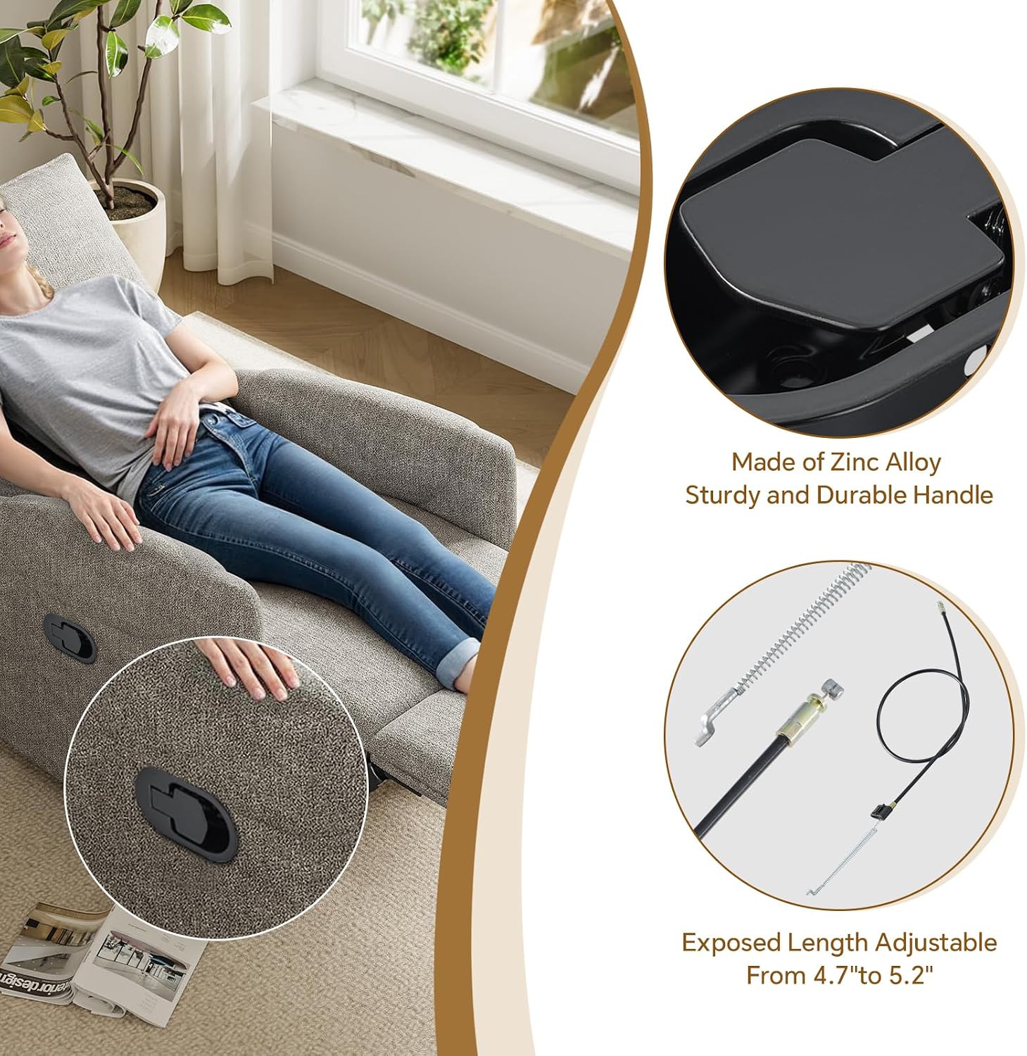 Metal Sofa Chair Recliner Release Pull Handle Replacement Parts with Cable, Exposed Cable Length 4.7" (1 Sets)