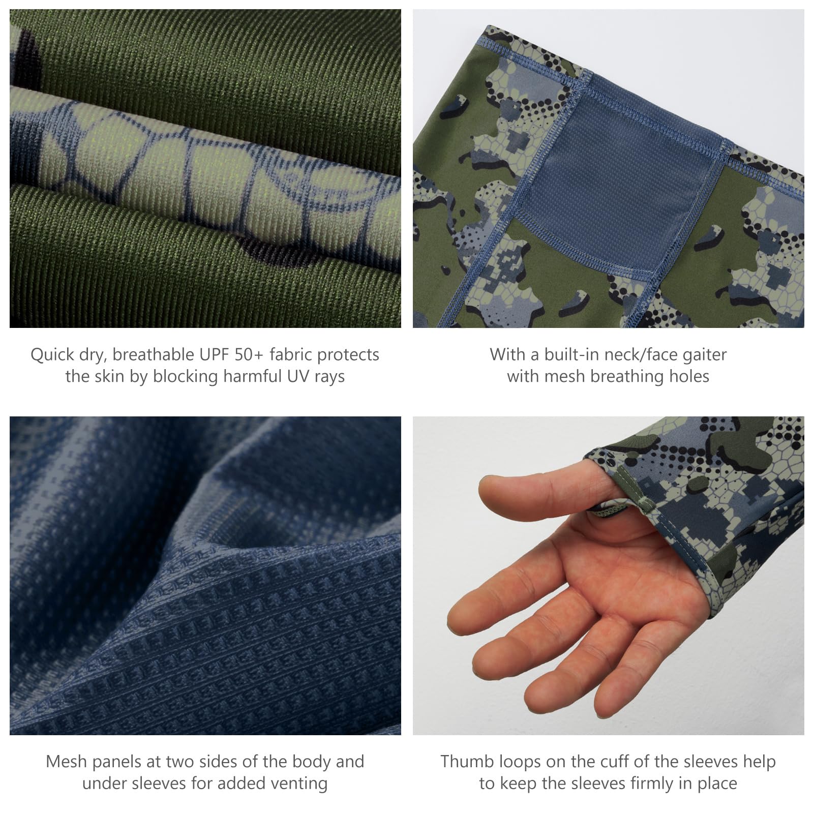 BASSDASH Camisas de caza UPF 50+ para hombre con máscara de manga larga con capucha de camuflaje