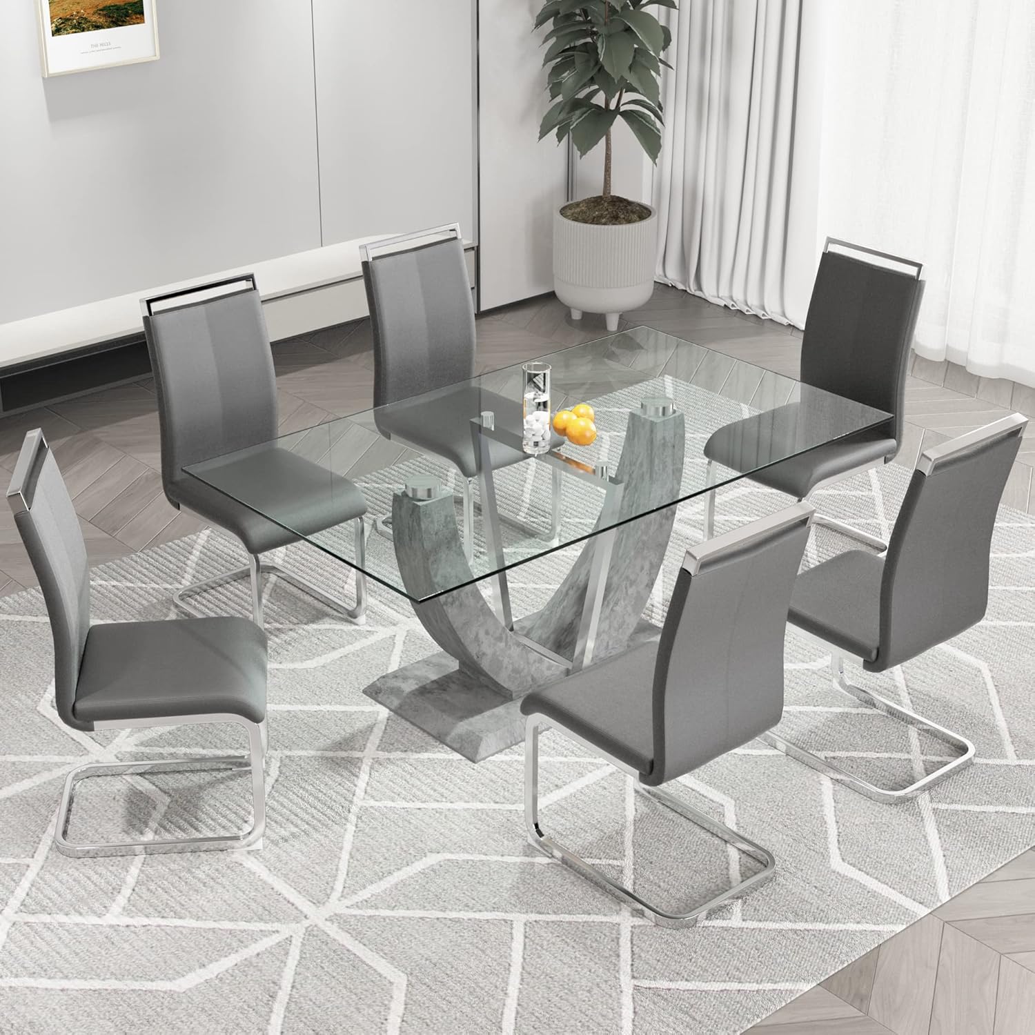 JUFU 67" Glass Dining Room Table Set for 6,Big Modern