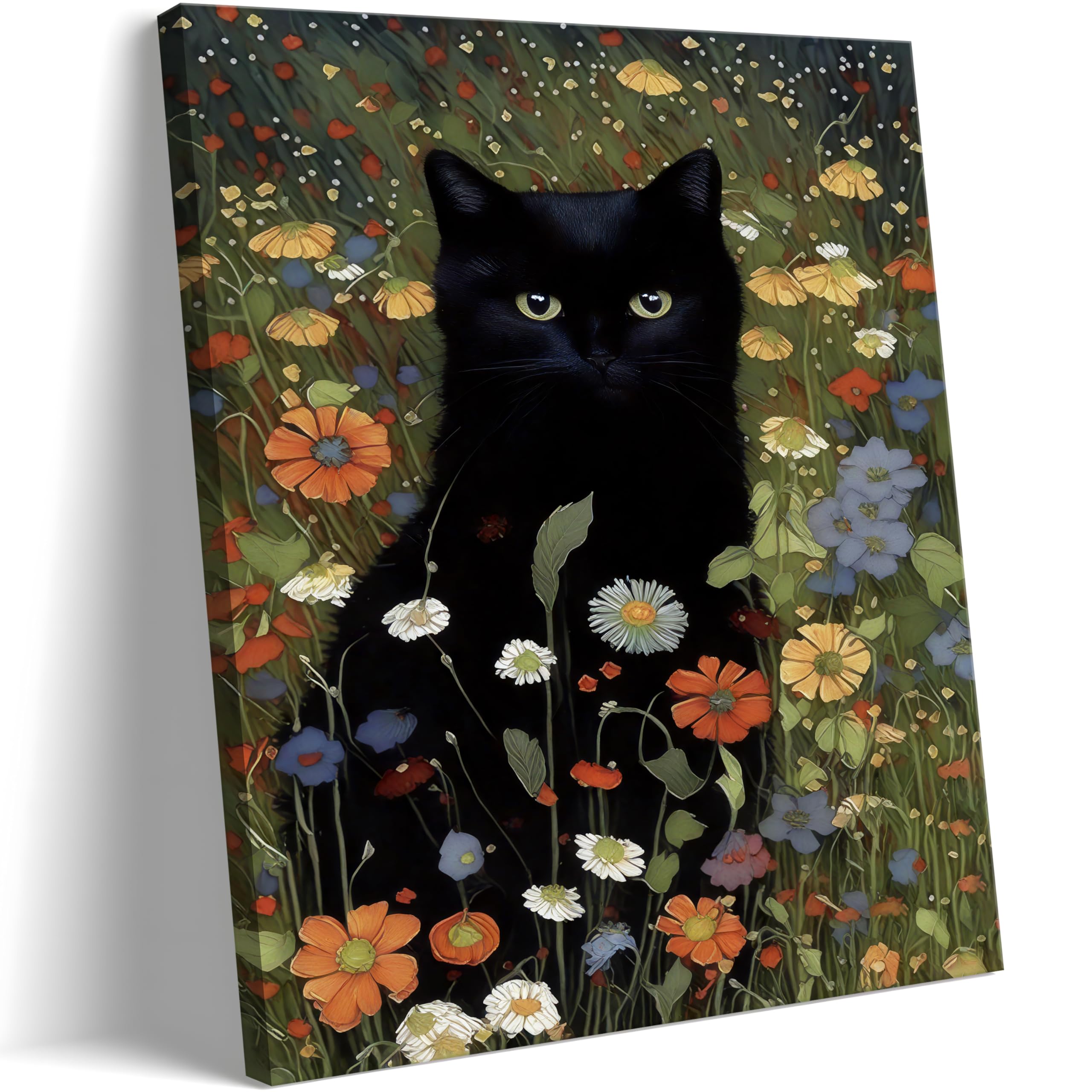 Framed Canvas Wall Art Funny Black Cat Poster Print Abstract Cat Standing Among Flowers Painting Wall Decor 12x16 inch