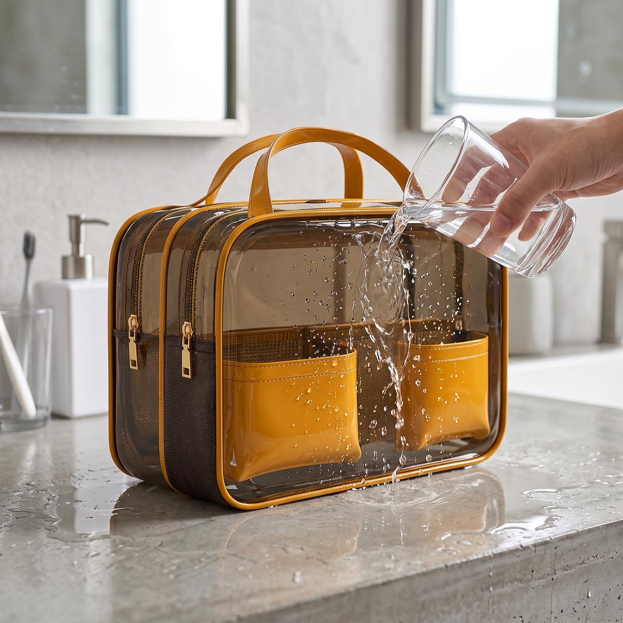 Transparente Toilettentasche mit Nassfach – wasserdichte Waschtasche für und Kosmetik, Bernsteinorange, Orange