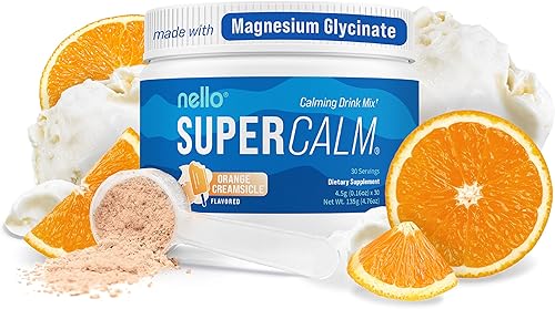 Nello Supercalm - Mezcla de bebida en polvo, crema de naranja, L teanina, Ksm-66 Ashwagandha, glicinato de magnesio, vitamina D 3, suplementos para