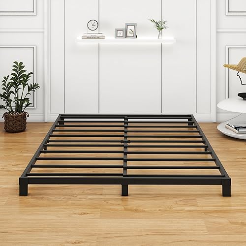 Miniatura 3 de Base de cama matrimonial de 5 pulgadas de perfil bajo, plataforma de metal doble, no necesita somier, base de colchón de listones de acero de metal