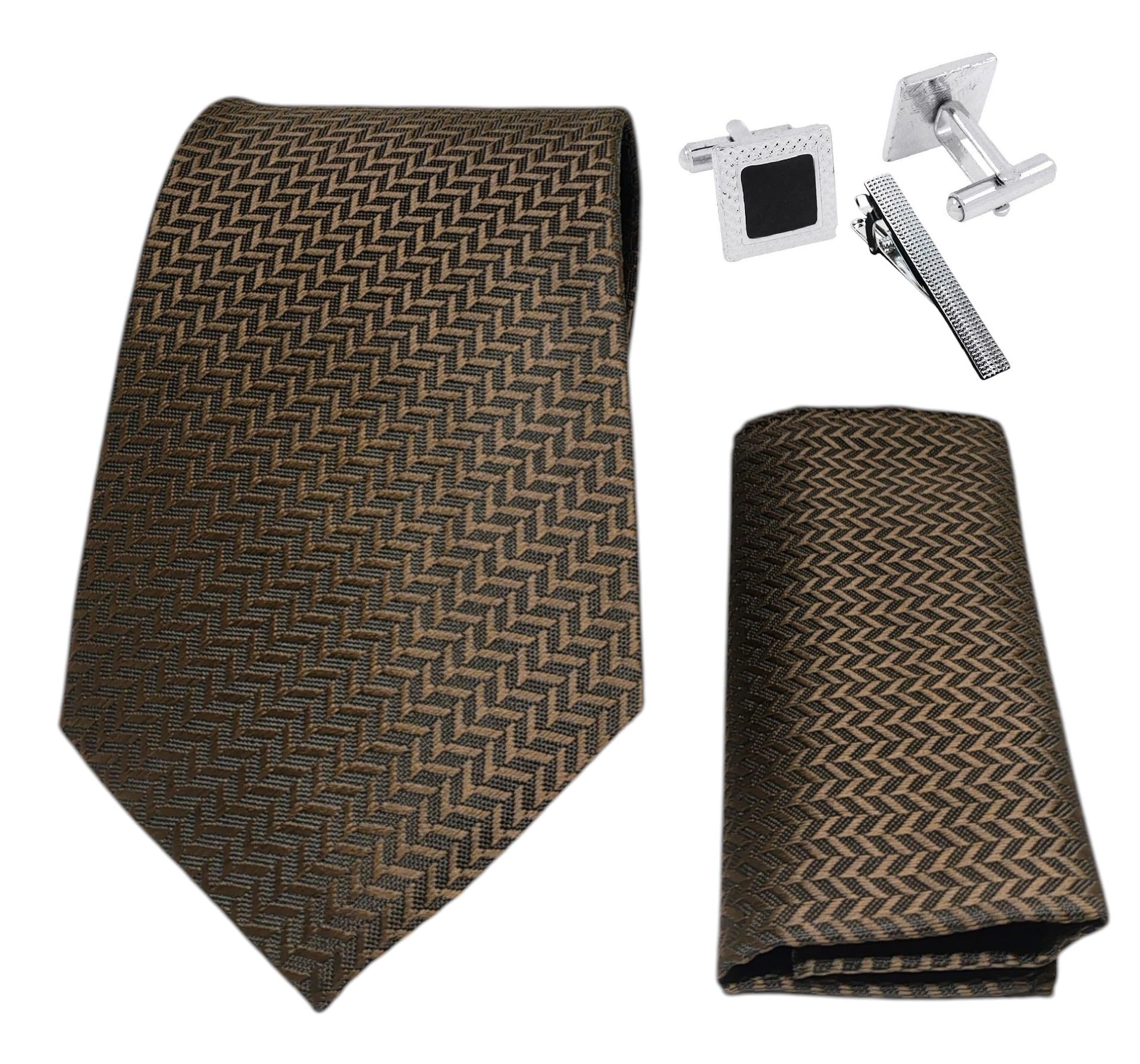 FashMade Premium Italian Silk Tie, Pocket Square with Square Brass Cufflinks & Silver Honeycomb Tie Pin Combo in Leather Gift Box for Men – Formal & Wedding Set tp-32-image-44