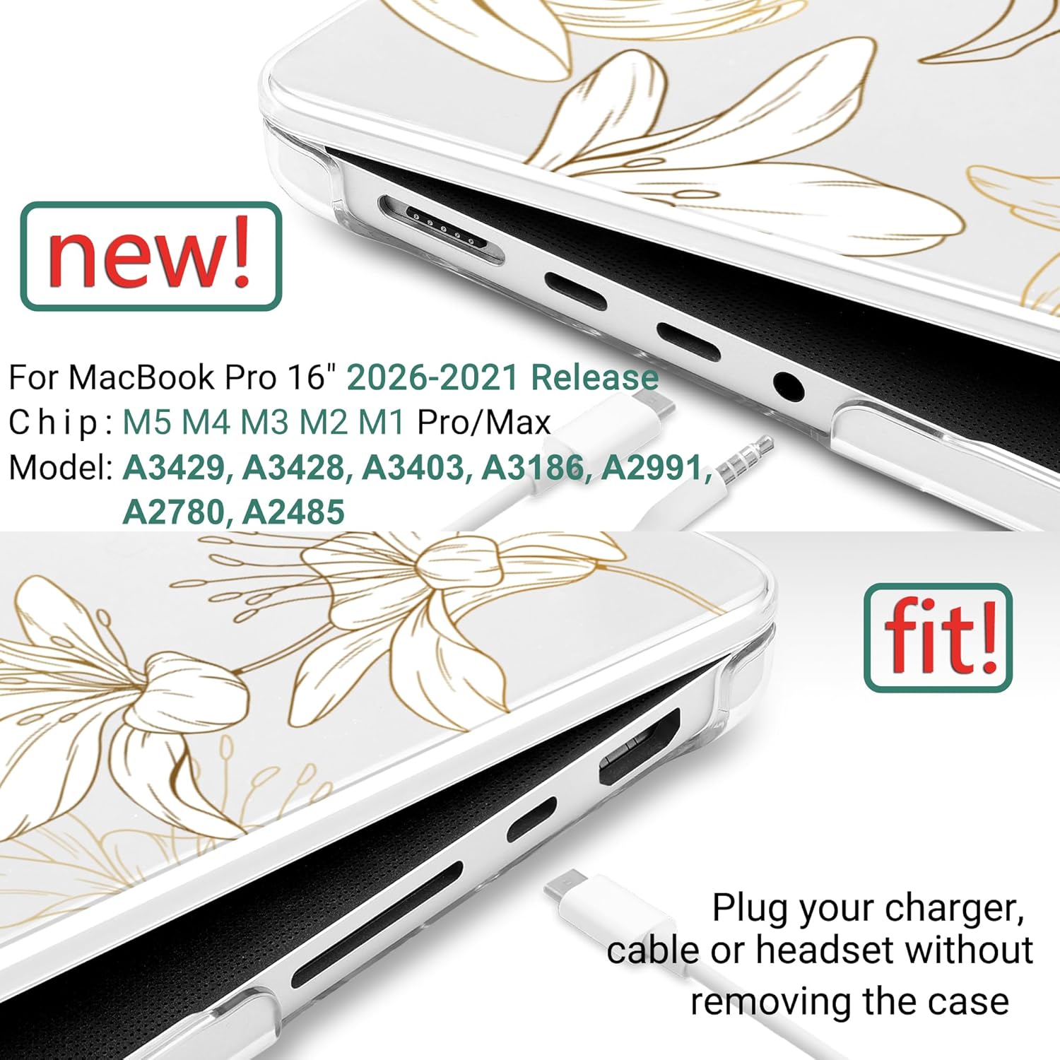 DONGKE Compatible with MacBook Pro 16 Inch Case (2026-2021 Release, M5 M4 M3 M2 M1 Pro/Max Chip), Plastic Hard Shell Cover with Keyboard Cover & Screen Protector for MacBook Pro 16", Gold Floral