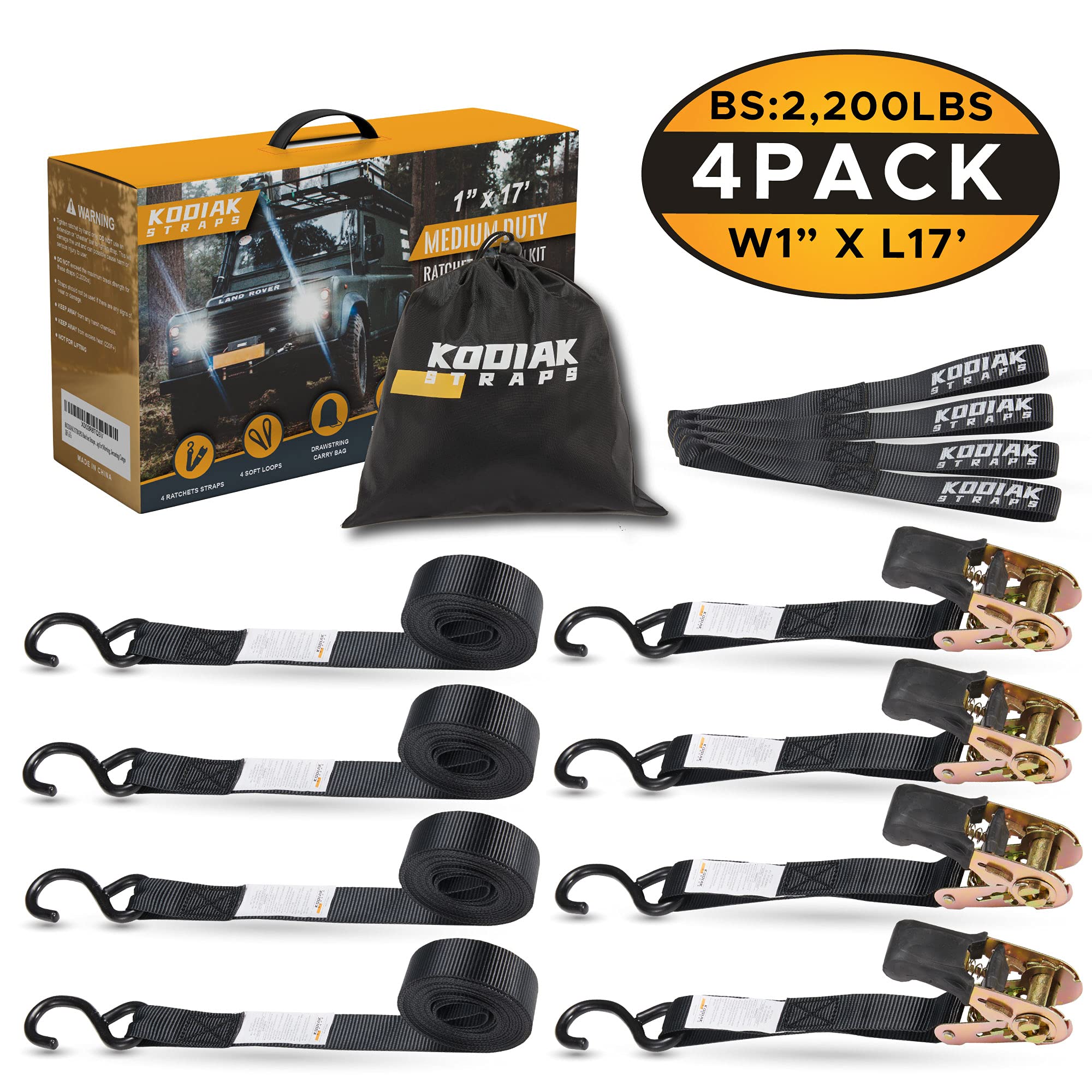 Ratchet Straps Heavy Duty Tie Down Strap Set 2200 Break Strength – 1" x 17' 4pk with Soft Loops Cargo Truck Bed Tie Downs – Coated Deep S-Hook & Carry Bag for Securing Cargo Black