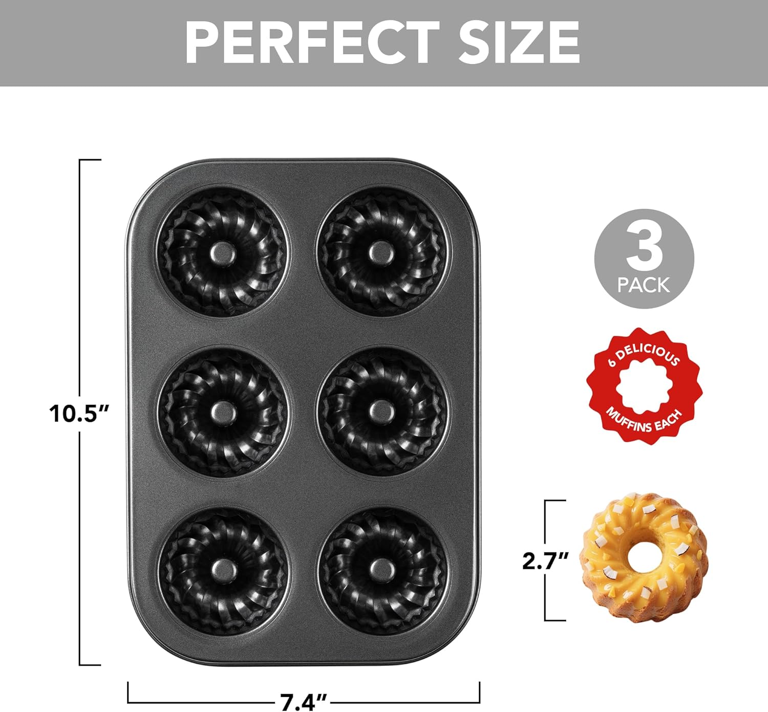 Tiawudi Mini Fluted Tube Cake Pan, 6 Cavity Baking Pan, Non-stick Baking Mold for Cupcakes, Donuts, Cornbread, Brownies, Jellies, Set of 3 - Image 2
