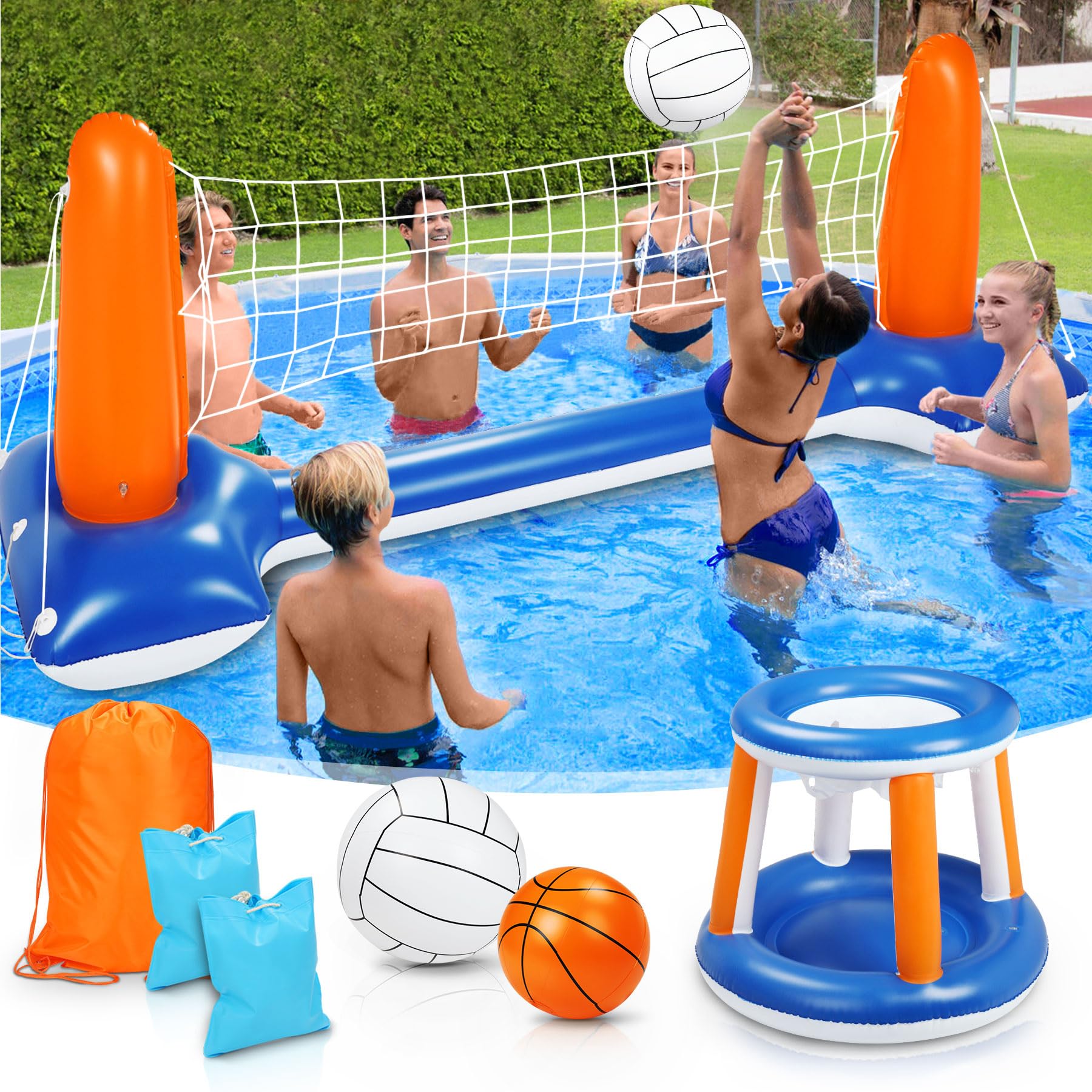 Subtail Set Volley e Pallacanestro Galleggiante, 115” per Piscina Gonfiabile Include Canestro e Rete Gioco Pallavolo Bambini Adulti (115” x 38” x 28”)