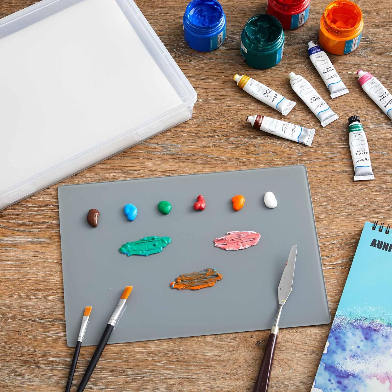 Nuanchu 1 Set Handy Glass Oil Paint Palette Included 12.8 x 9.25 Inches Airtight Stay Wet Palette Container and 11.8 x 8.5 Inches Tempered Glass, Keeps Paint Fresh, Ideal for Travel Outdoor, Grey