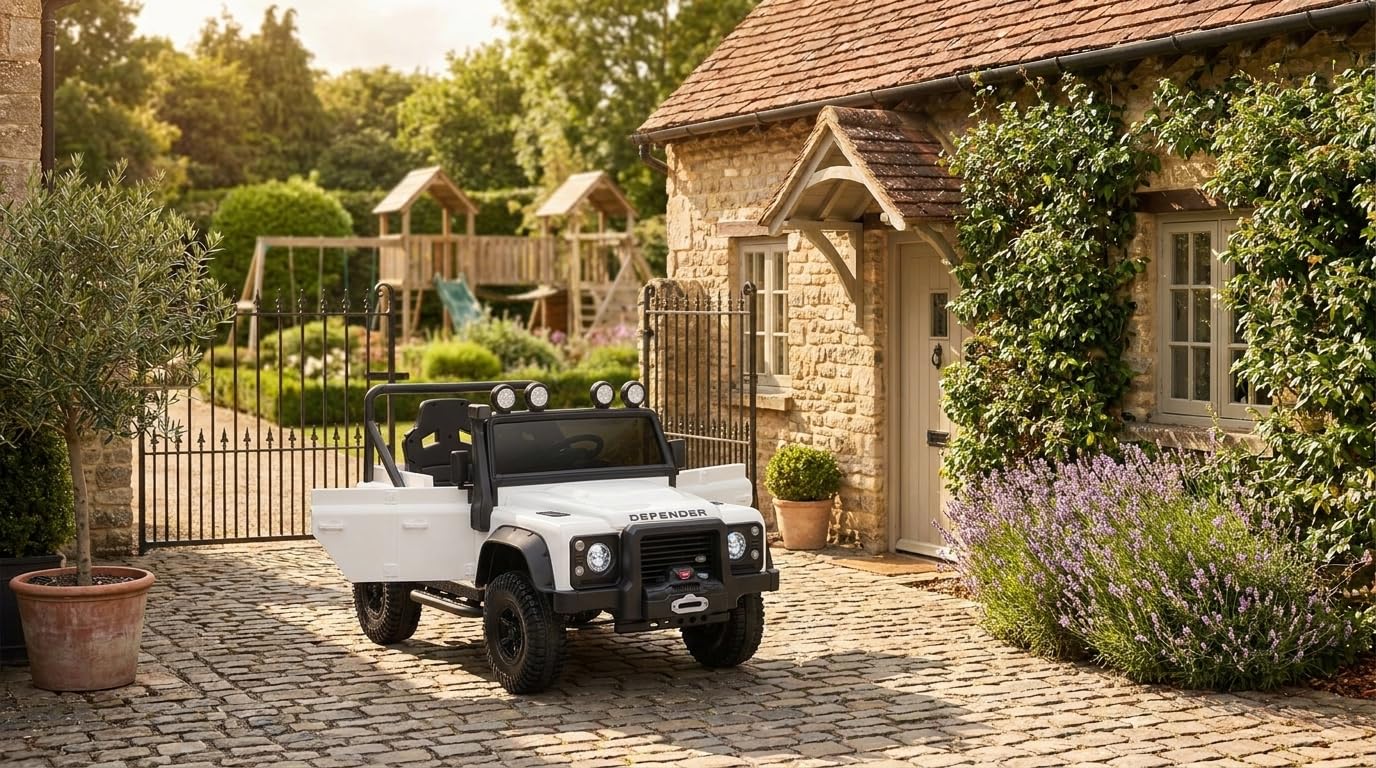 4x4 électrique enfants 12V Land Rover Defender 110 SVX, Blanche, transmission, batterie lithium, voiture électrique enfants télécommande 2,4 GHz, USB/Aux/Bluetooth, phares LED, 3-7 ans, 4x 25 W moteur