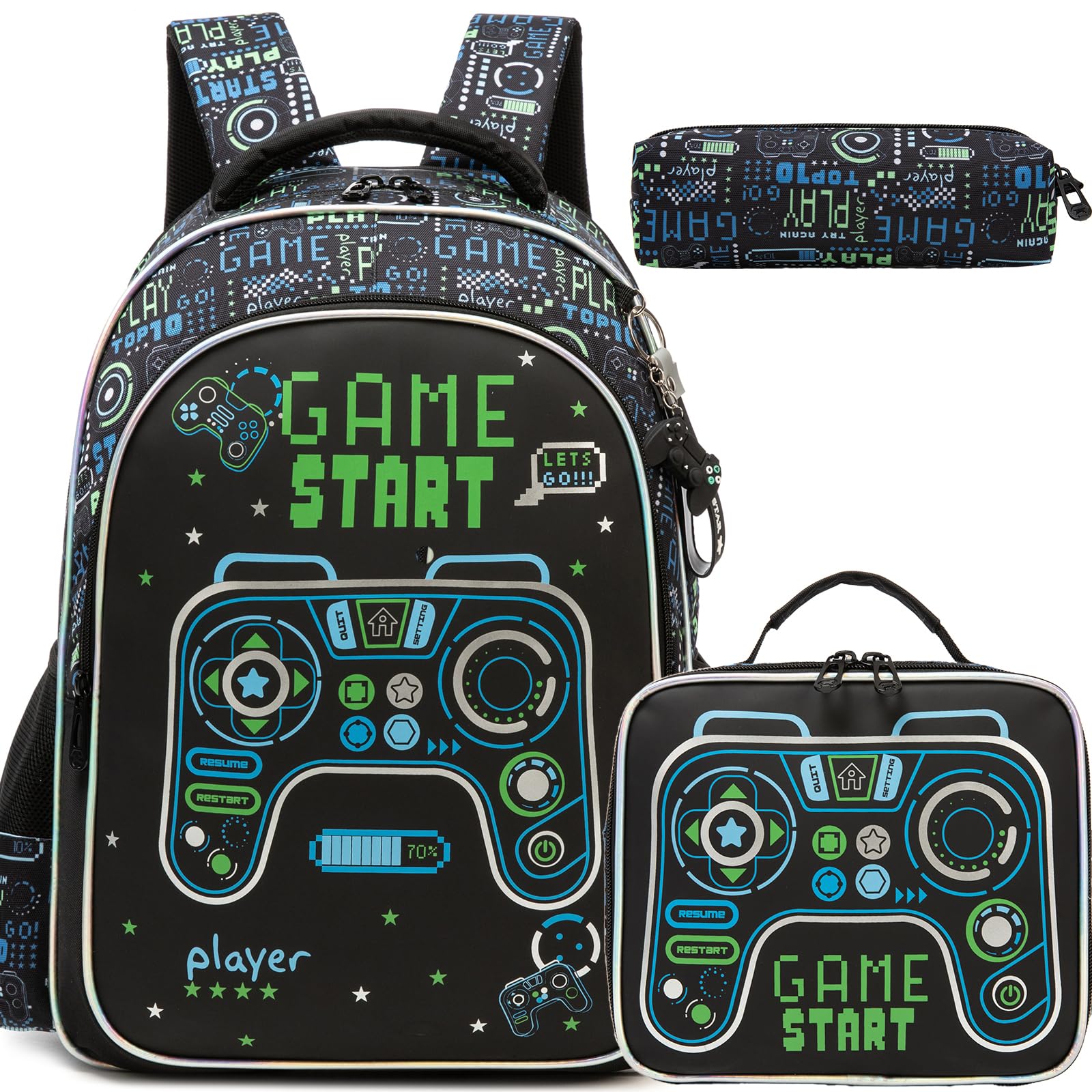 Oruiji Game School Backpack for Boys Backpacks Ages 8-10 with Lunch Box Set Black Bookbag for Boys Backpack for Kids Backpacks Lightweight Elementary