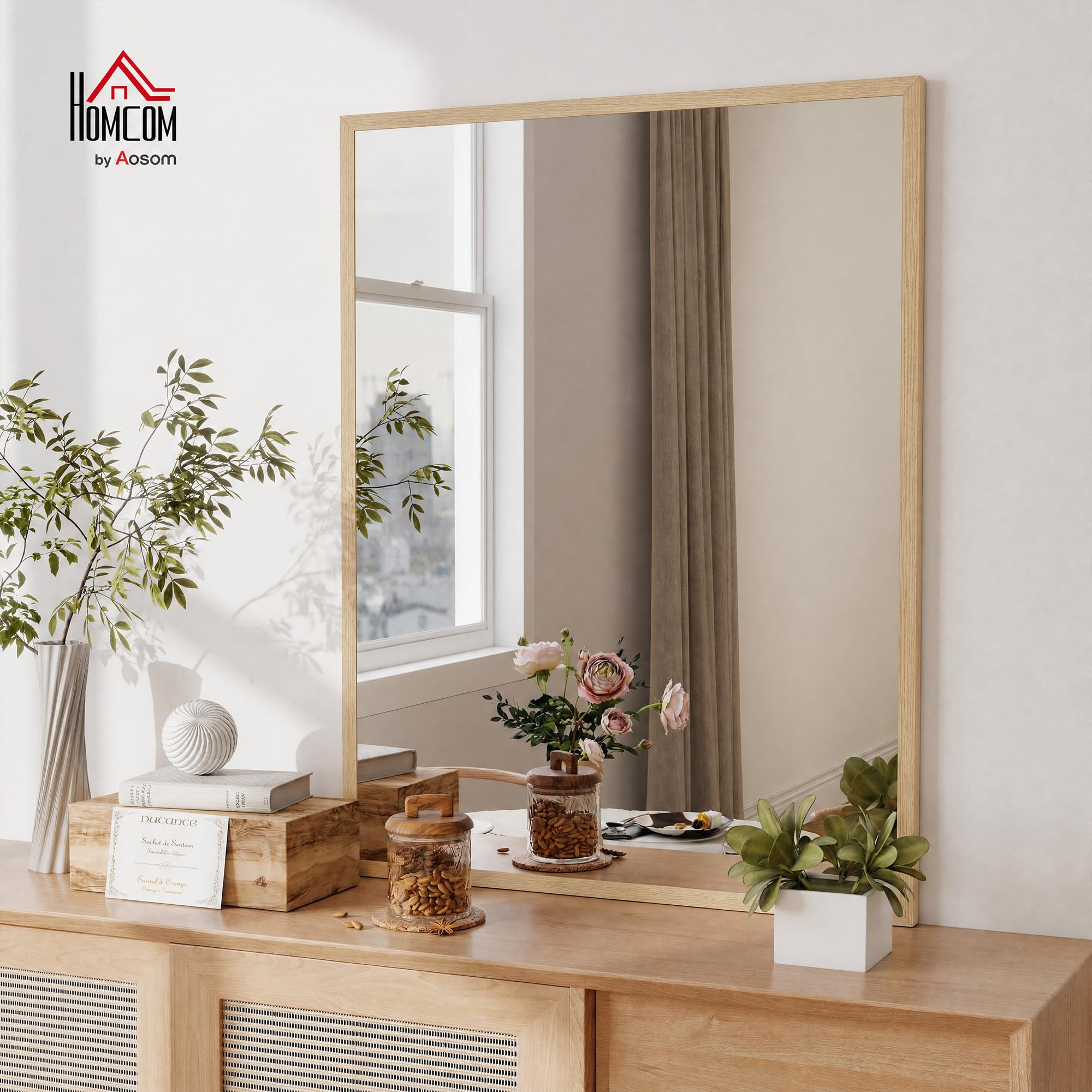 HOMCOM Specchio da parete rettangolare 90x70cm Cornice in legno naturale