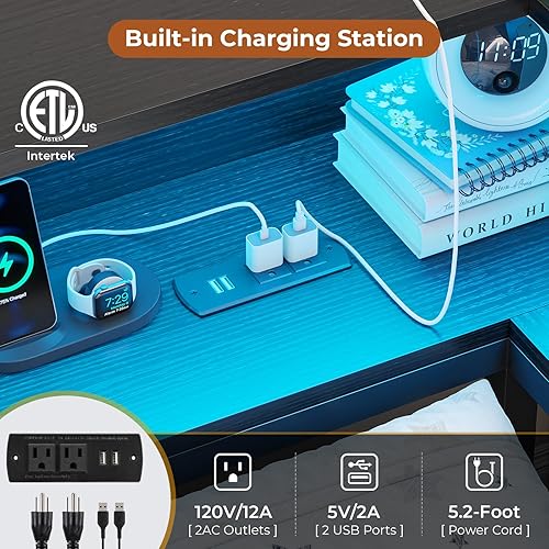 Miniatura 5 de DICTAC Marco de cama esquinero con almacenamiento y luces LED, plataforma de metal individual XL, con cajones de almacenamiento y estación de carga,