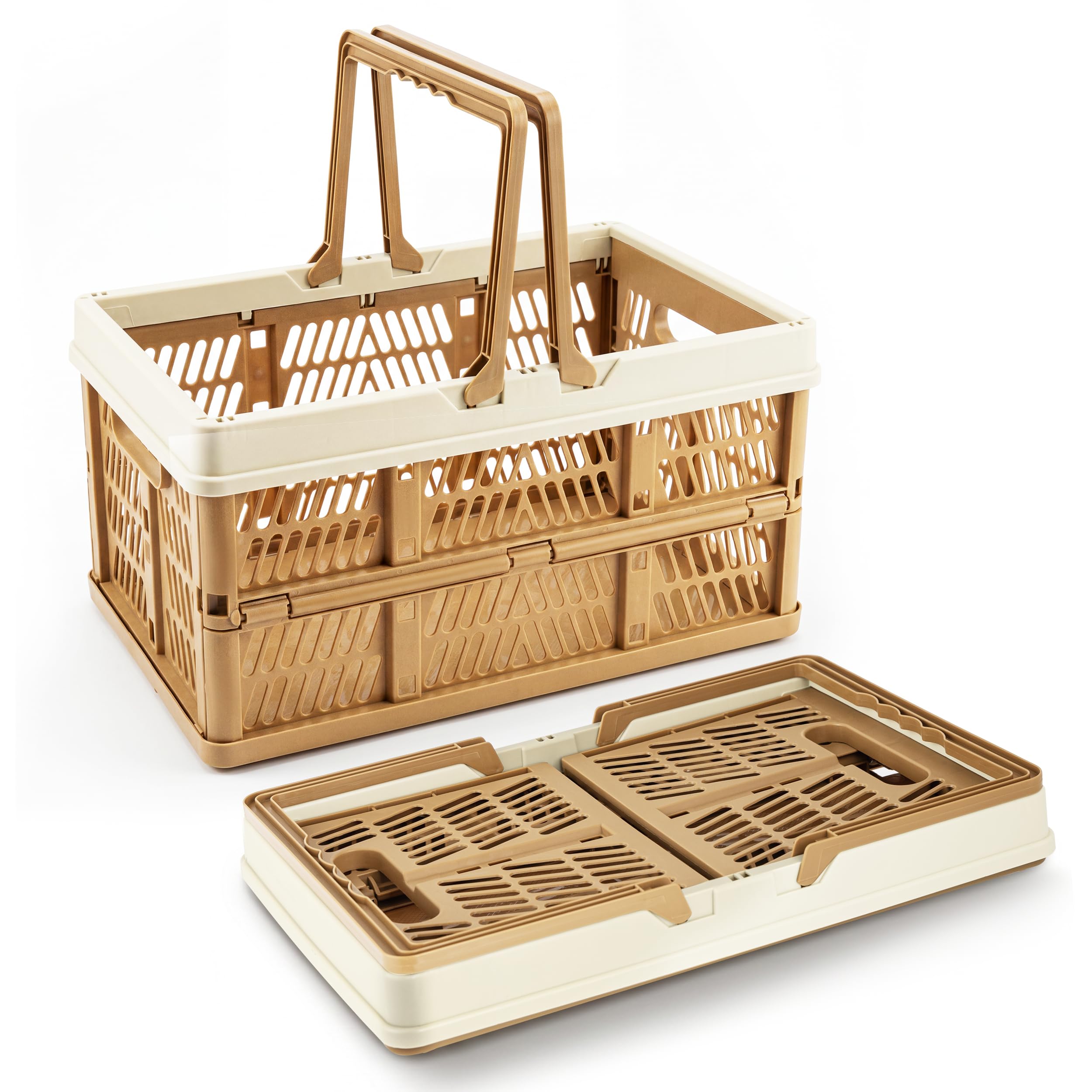 VALESKA Caisse pliable de 20 L, panier à lait pliable en plastique pour rangement, panier de courses pliable avec poignées, panier de coffre de voiture, pour cuisine (marron)