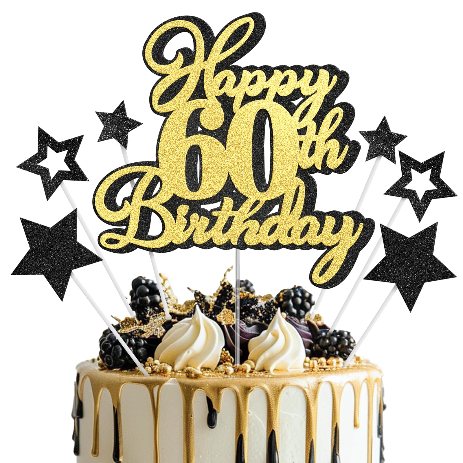 Happy 60th Birthday Cake Topper 60 Birthday Cake Decorations, Happy 60th Birthday Anniversary Party Cake Decorations for Men Women, Black Gold Glitter