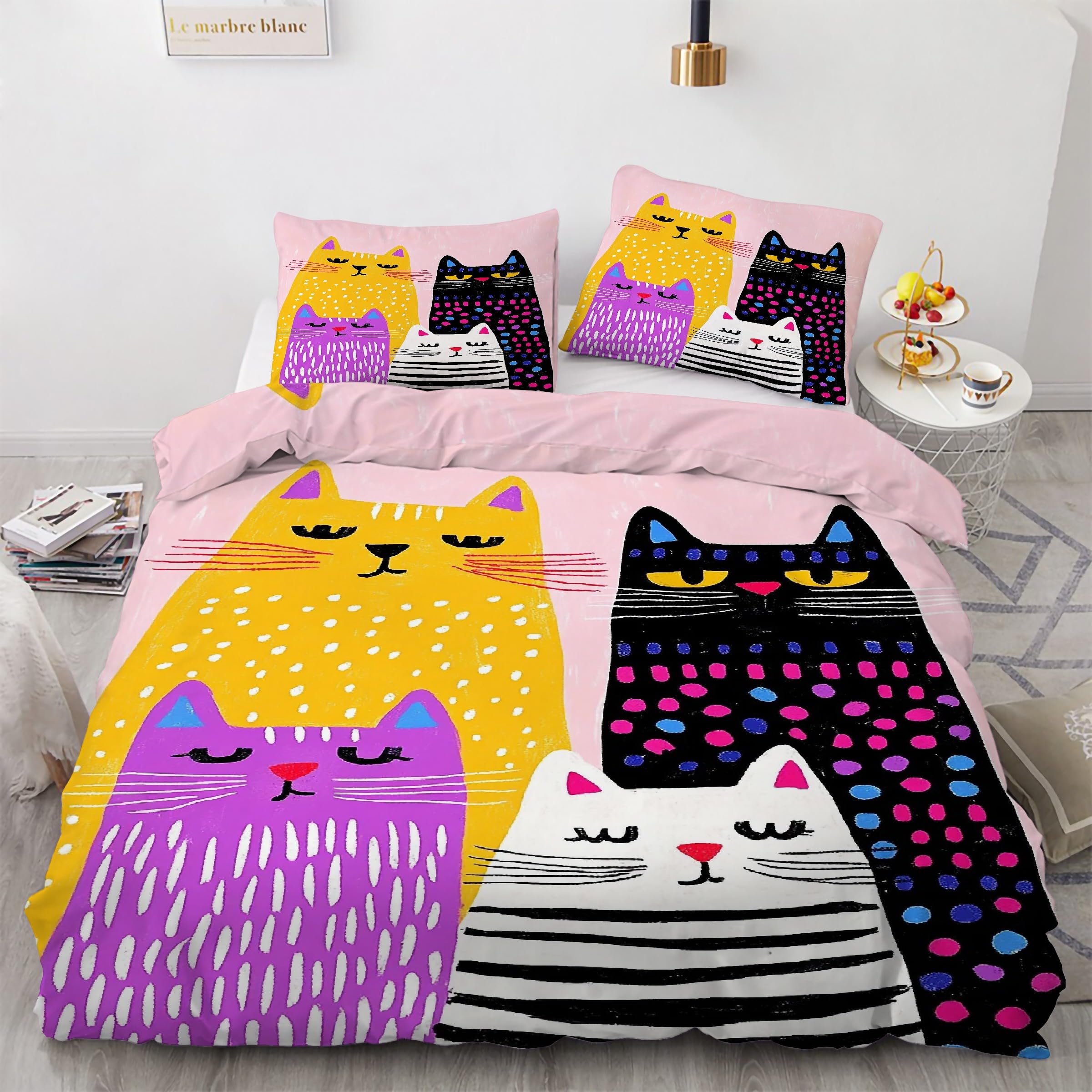 Housse de couette chat 220x240 anti-plis ensemble lit microfibre douce