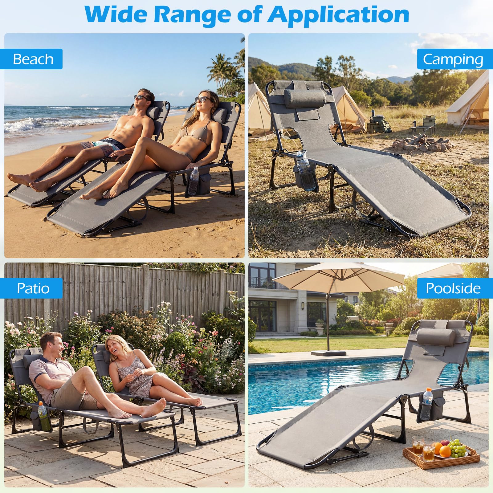 GYMAX Tanning Chair with Face Hole, Sun Bathing Lounge Chairs for Outside with Side Pocket, Folding Portable Face Down Layout Tanning Chair Beach, Backyard, Poolside, Lawn (Grey,1) - 4