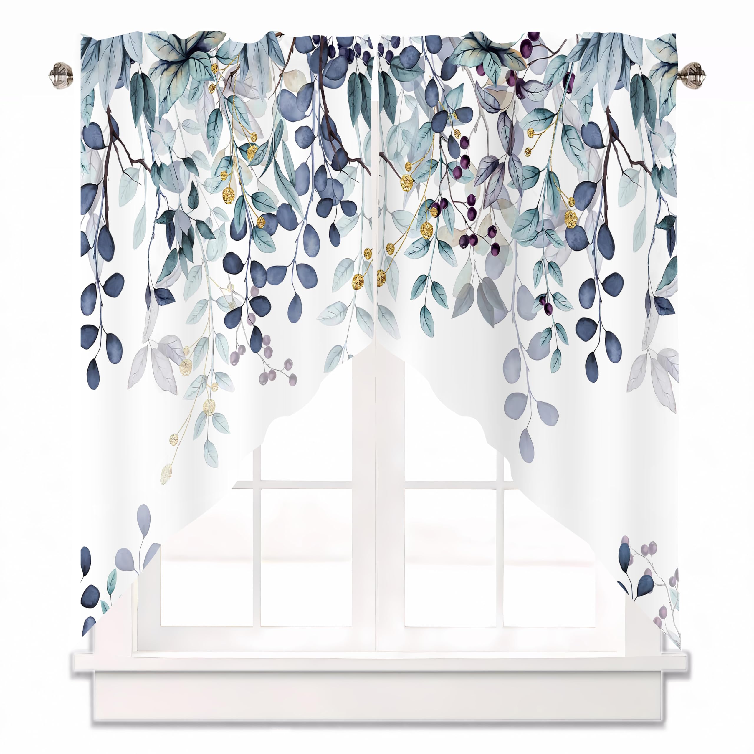 AYTTBIS Dark Blue Eucalyptus Swag Curtain Valance for Windows,Watercolor Leaves Window Treatments Short Swag Topper for Kitchen Windows Bathroom