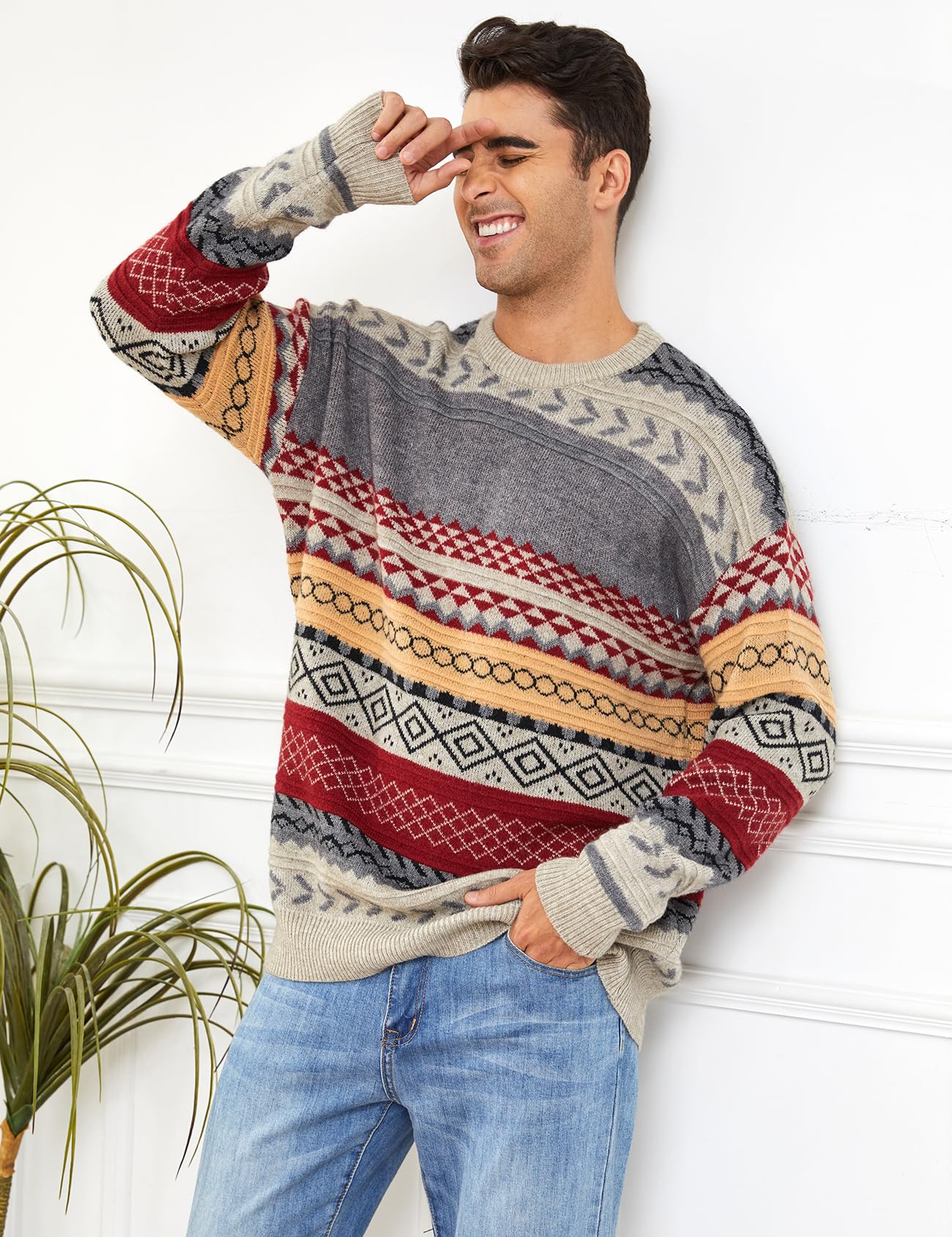 Rxozrxoz Herren Herbst Winter Vintage Gestreifter Pullover Übergröße Langarm Casual Pullover