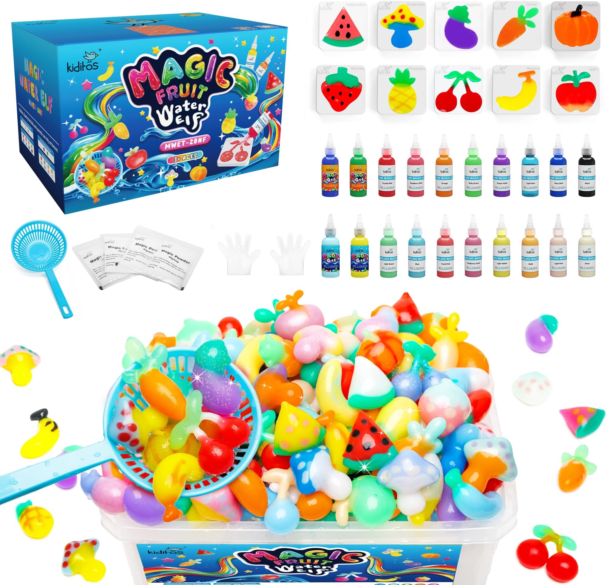 Kiditos Fruit Magic Water Elf Toy Kit–Squishies for Kids, 20 Gels & 10 Molds, Magic Gel Water Pets Sensory Toy, Fun DIY Craft Kit, Party Favors, Birthday & Christmas Gifts for Kids Ages 3+