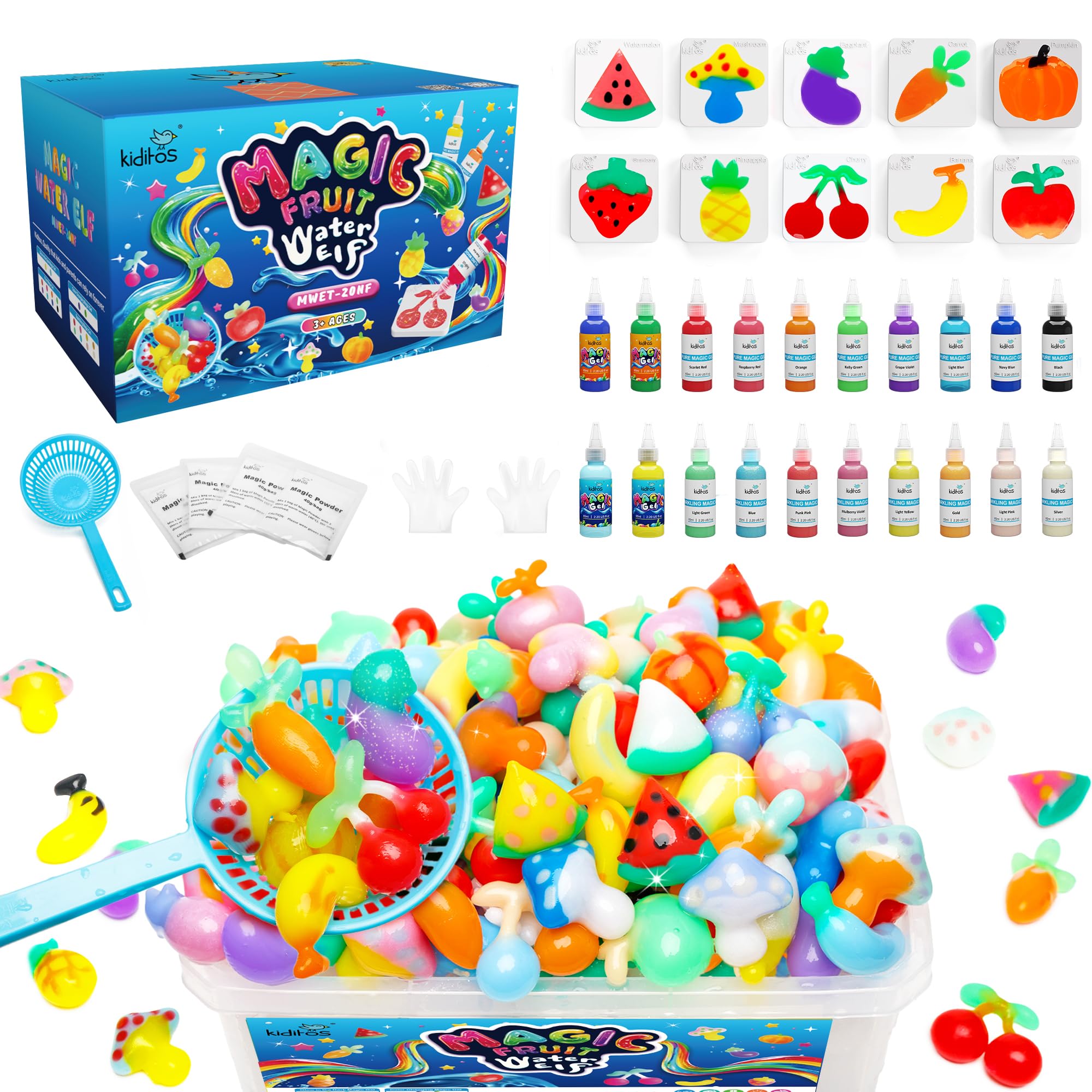 Fruit Magic Water Elf Toy Kit–Squishies for Kids, 20 Gels & 10 Molds, Magic Gel Water Pets Sensory Toy, Fun DIY Craft Kit, Party Favors, Birthday & Christmas Gifts for Kids Ages 3+