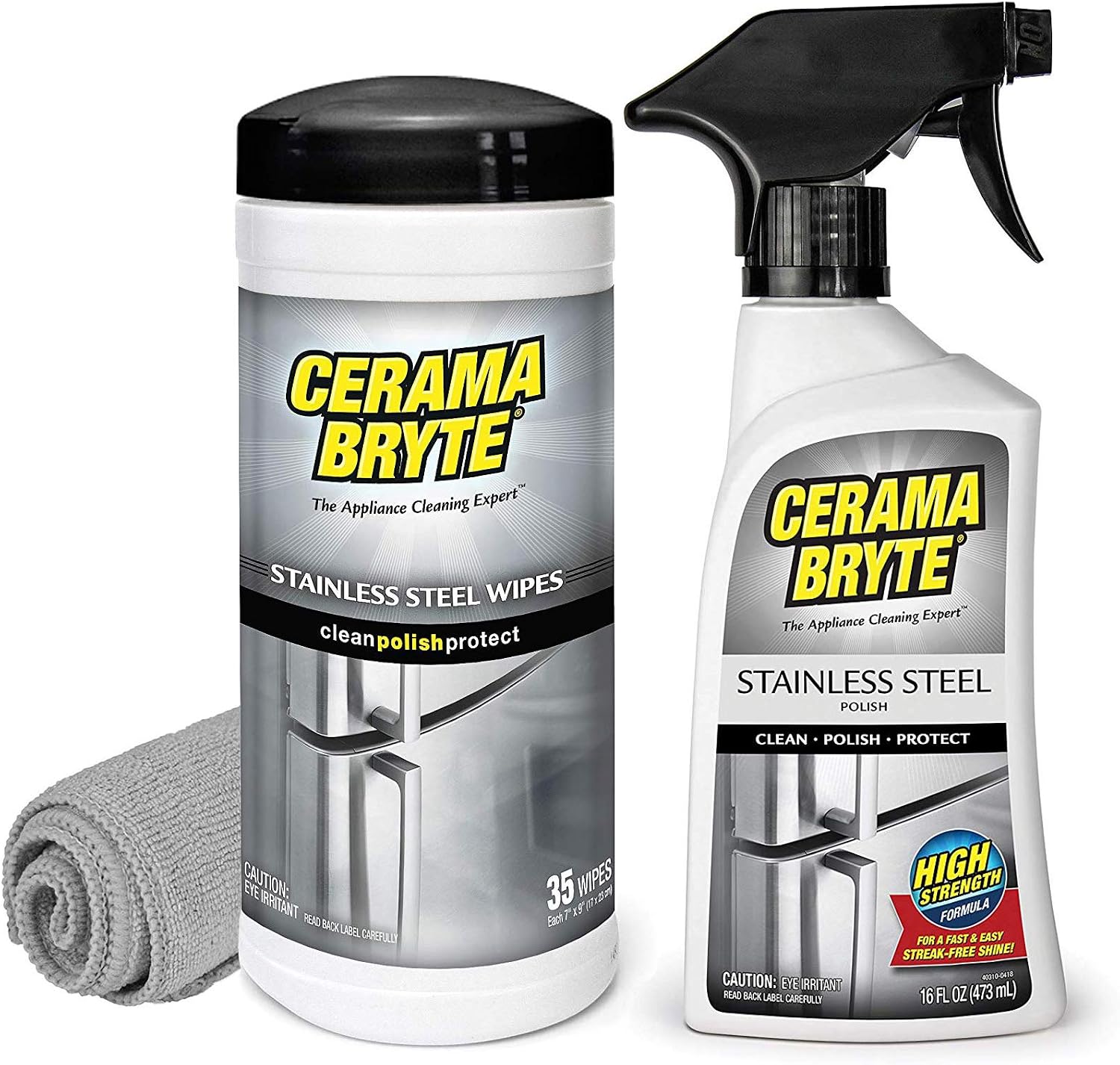 Cerama Bryte Protective Stainless Steel Appliance Cleaner & Polish Kit - High Strength Mineral Oil Formula - Includes 16 oz Spray, 35 Wipes, Large Microfiber Cloth