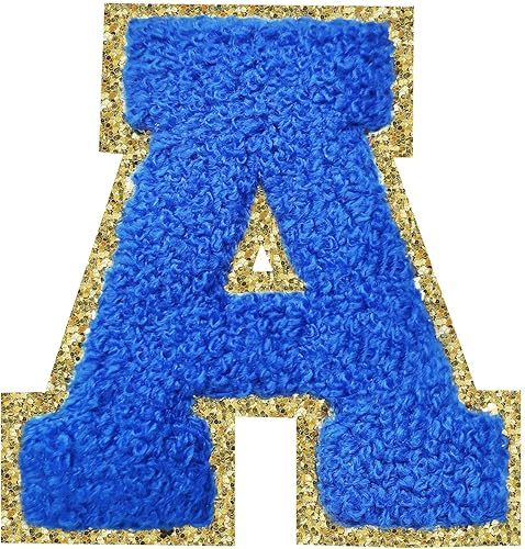 Miniatura 26 de Parches de letras termo-adhesivas de felpilla para chaquetas, parches de letras universitarias con brillantina para planchar en la letra azul A