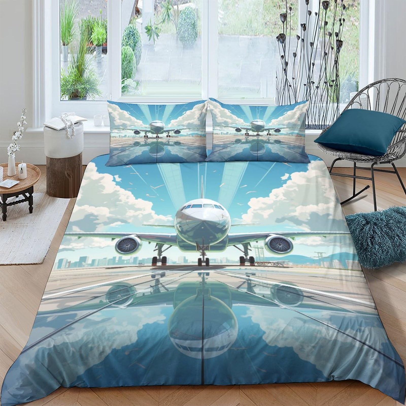 AAHARYA Aeroplane Bedding Set Soft Microfiber Cartoon Duvet Cover with A Sense of 3D Print for Kids,Adults,with Hidden Zipper Quilt Cover Pillowcase 3pcs Set Double（200x200cm）