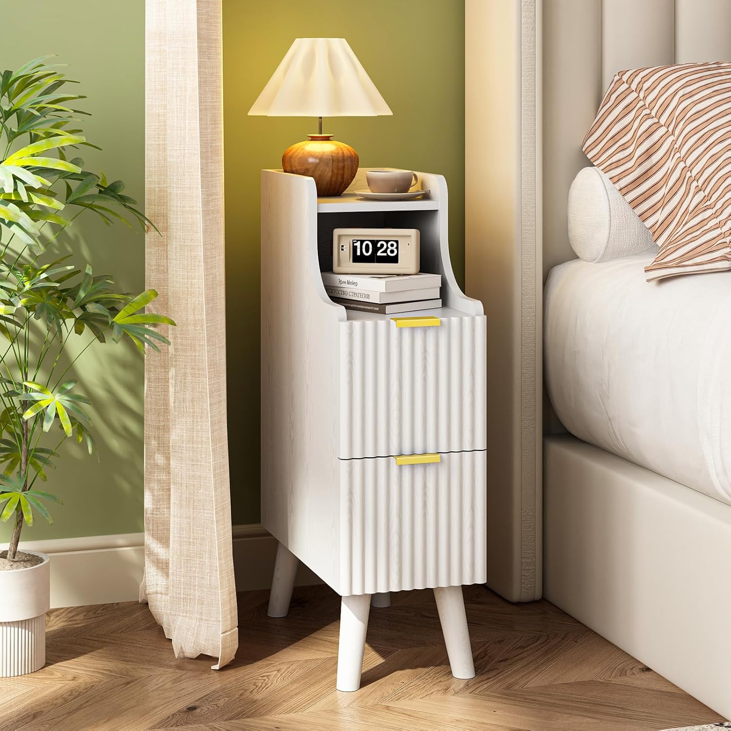 BREEZEHEAT 7.9" Narrow Nightstand, 25.59" Tall Fluted Narrow Nightstand with Drawers, Wooden Small Bedside Table for Small Spaces, Modern Skinny Side Table, Slim Nightstand for Bedroom, White